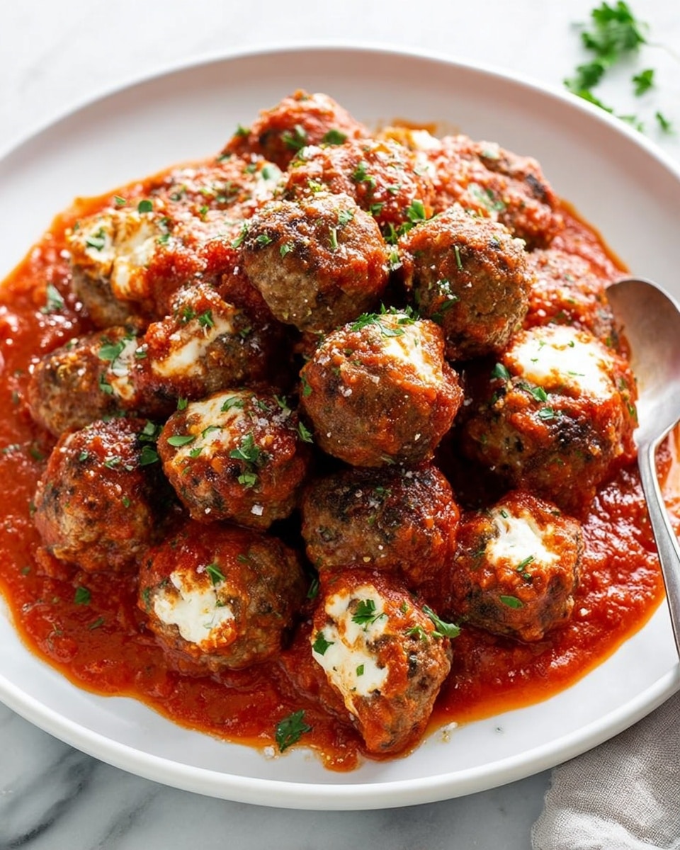 A white plate filled with a large pile of golden-brown meatballs covered in thick, red tomato sauce. The meatballs are slightly shiny with bits of green herbs on top, and some have creamy white cheese melting out from inside. The sauce spreads around the base of the meatballs, pooling slightly at the edge of the plate. The plate sits on a white marbled surface, with a silver spoon partially visible on the right side. Photo taken with an iphone --ar 4:5 --v 7