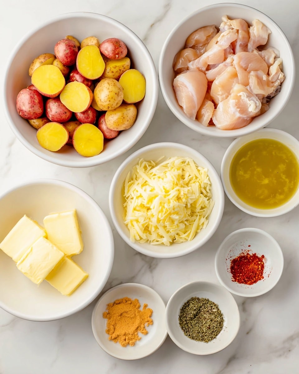 The image shows several white bowls and small white dishes arranged on a white marbled surface. There are three large white bowls, one filled with small red and yellow potatoes cut in half showing their bright yellow insides, another bowl with raw pieces of light pink chicken, and the third with a heap of finely shredded pale yellow cheese. Surrounding these bowls are smaller white dishes containing different ingredients: one has a cube of pale yellow butter, another holds a creamy yellow sauce with small herbs or spices, one has a light orange minced substance, another contains a clear golden liquid likely oil, and one small dish displays three types of ground spices in red, green, and black colors. Everything is placed neatly and the overall setup looks fresh and clean. photo taken with an iphone --ar 4:5 --v 7