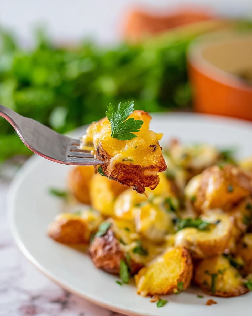 A close-up view shows a fork holding a piece of roasted golden potato topped with melted yellow cheese and a small green parsley leaf. Below the fork, there is a white plate filled with more roasted potatoes covered in melted cheese with scattered green parsley. The background is softly blurred with green leafy herbs and some warm tones. The scene is set on a white marbled surface. Photo taken with an iphone --ar 4:5 --v 7