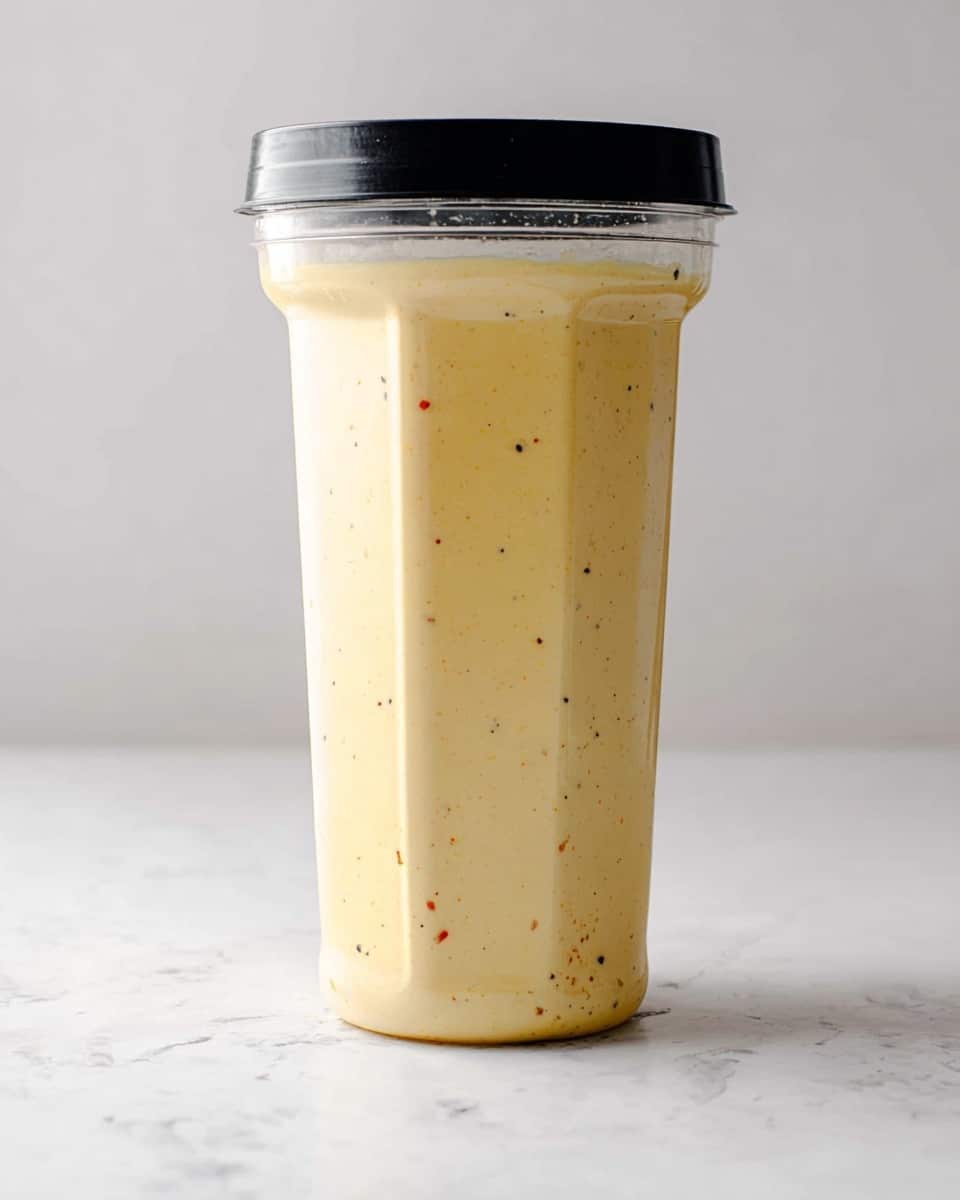 A tall, clear plastic container filled with a creamy, light yellow sauce that has small black and red specks throughout, topped with a large black lid, sitting on a white marbled surface against a plain light background photo taken with an iphone --ar 4:5 --v 7