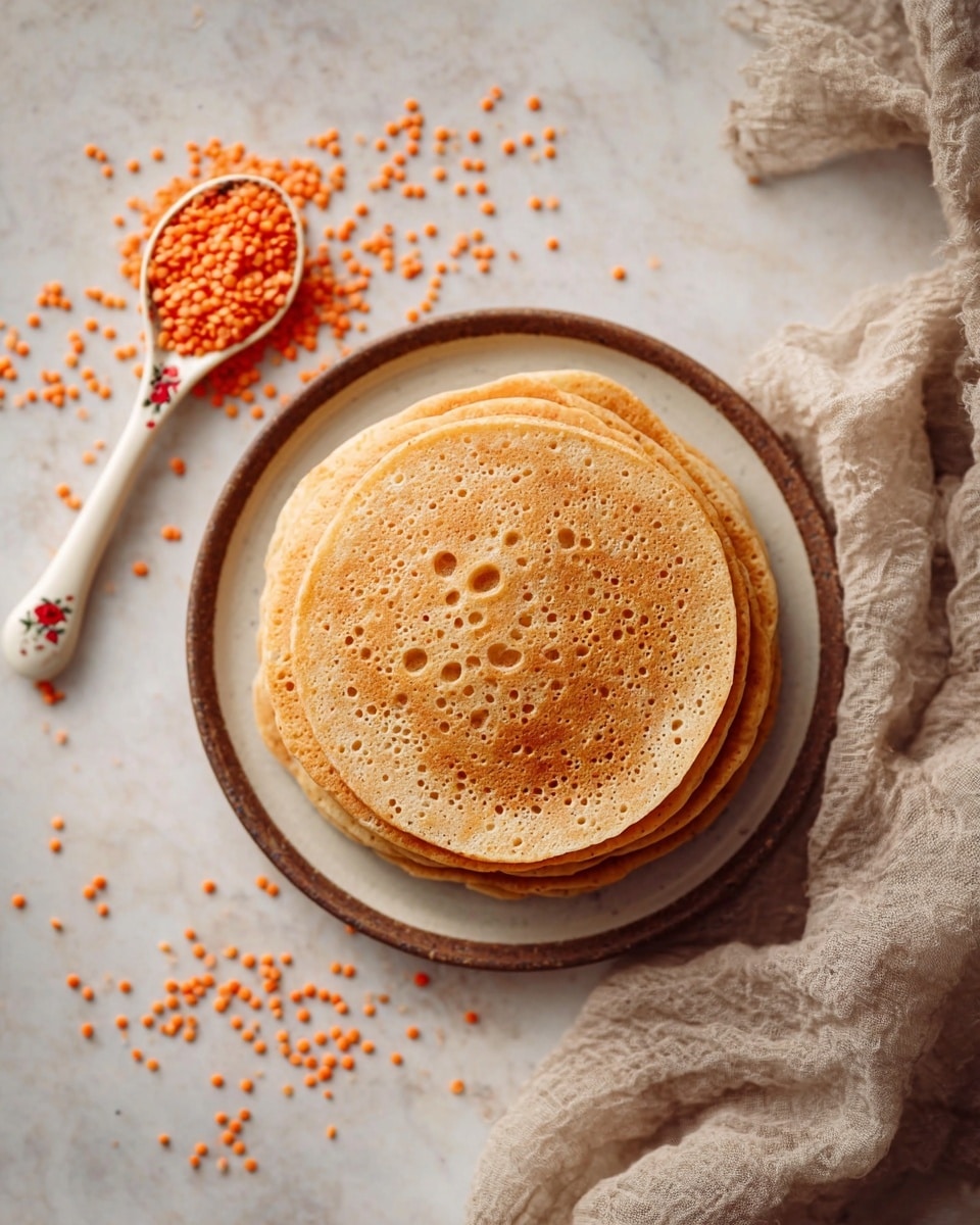 A stack of seven light brown thin pancakes with small holes all over the top pancake sits in the middle of a round white plate, showing slight darker brown edges. To the top left, an off-white ceramic spoon with a red and black floral design holds small bright orange lentils, some of which are scattered around the spoon on a white marbled background. A beige rough-textured cloth is loosely draped along the bottom right corner. The photo was taken with an iphone --ar 4:5 --v 7
