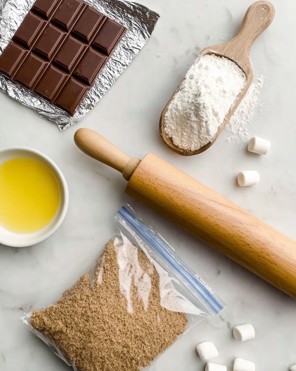 The image shows a close-up of baking ingredients and tools arranged on a white marbled surface. At the top left, there is an open chocolate bar with several rectangular sections visible, partially wrapped in silver foil. Below that, a wooden scoop filled with white powder (likely flour or sugar) is positioned horizontally. In the center, a wooden rolling pin with a smooth, slightly worn texture lies diagonally across a plastic bag filled with light brown crumbs. To the left of the rolling pin and bag, there is a small white bowl with melted yellow butter. Around these main items, a few small white marshmallows are scattered across the surface. Photo taken with an iphone --ar 4:5 --v 7
