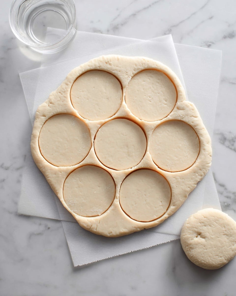 A smooth light beige dough is rolled flat on a white marbled surface with six neat round shapes cut out, showing a consistent thickness. The dough has a soft texture with slightly rough edges where the circles were removed. One round piece is placed to the side on a small white square parchment. A transparent round cutter and a piece of white parchment paper lie nearby on the marble. The scene has a clean and gentle look with soft natural light. photo taken with an iphone --ar 4:5 --v 7