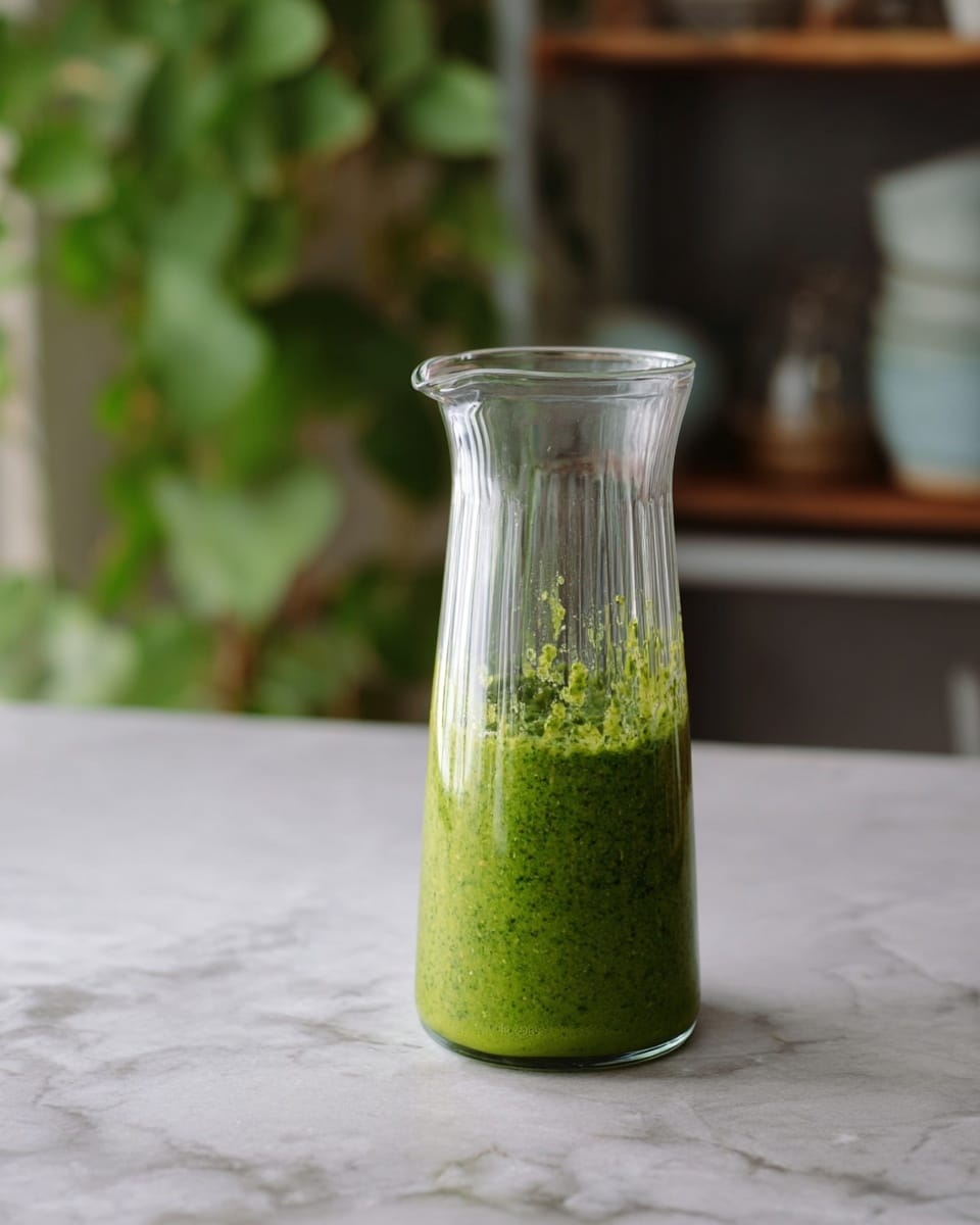 A tall clear glass pitcher sits on a white marbled surface, filled halfway with a chunky green sauce that has a thick, uneven texture. The sauce sticks slightly to the sides inside the pitcher, showing its fresh, blended ingredients. The background is softly blurred, with a hint of green leaves and shelving, placing full focus on the simple pitcher and its green contents. photo taken with an iphone --ar 4:5 --v 7