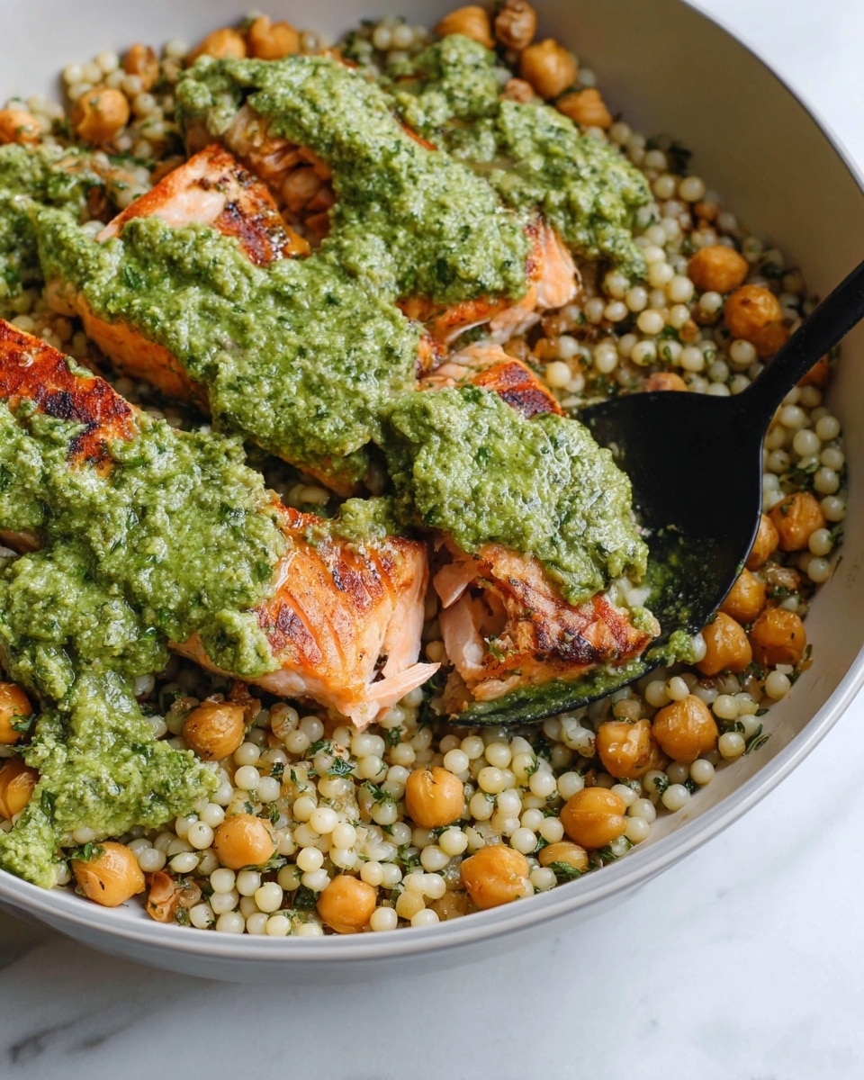 The dish is served in a white bowl filled with a base layer of small round couscous pearls mixed with chickpeas, showing a light beige color with green herb bits. On top of this base are several pieces of cooked salmon with a pink-orange color and a light char. The salmon is covered with a thick, bright green sauce with a somewhat coarse texture, spread unevenly over the fish and some couscous. A black spoon is digging into the mixture on the right side, resting against the bowl. The bowl sits on a white marbled surface. Photo taken with an iphone --ar 4:5 --v 7
