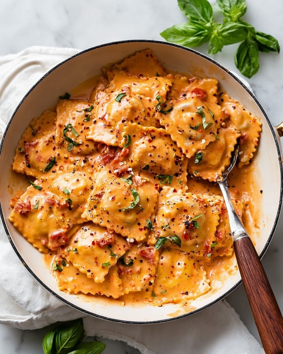 A white pot filled with one layer of square ravioli covered in a thick creamy orange sauce that has small bits of red tomatoes and green herbs scattered throughout. The ravioli are soft with slightly curled edges, coated well in sauce with some black pepper and red chili flakes on top. A spoon with a wooden handle is lifting some ravioli on the right side, showing the sauce’s smooth texture. Bright green basil leaves are placed on a white cloth near the pot, and the background is a white marbled surface. photo taken with an iphone --ar 4:5 --v 7