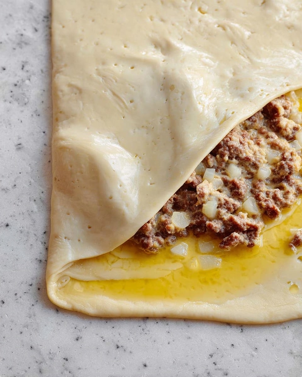 The image shows a close-up view of a thin dough sheet laid flat on a white marbled surface. On the right side, there is a filling of small browned meat pieces mixed with chopped white onions, all resting in a shiny yellow layer of melted butter or oil. The dough is partially folded over the filling, creating a soft, uneven folded edge with smooth textures and small bubbles visible. The dough has a pale beige color with a slightly translucent, shiny finish, and the filling's rich colors contrast with the pale dough and white marbled surface. Photo taken with an iphone --ar 4:5 --v 7