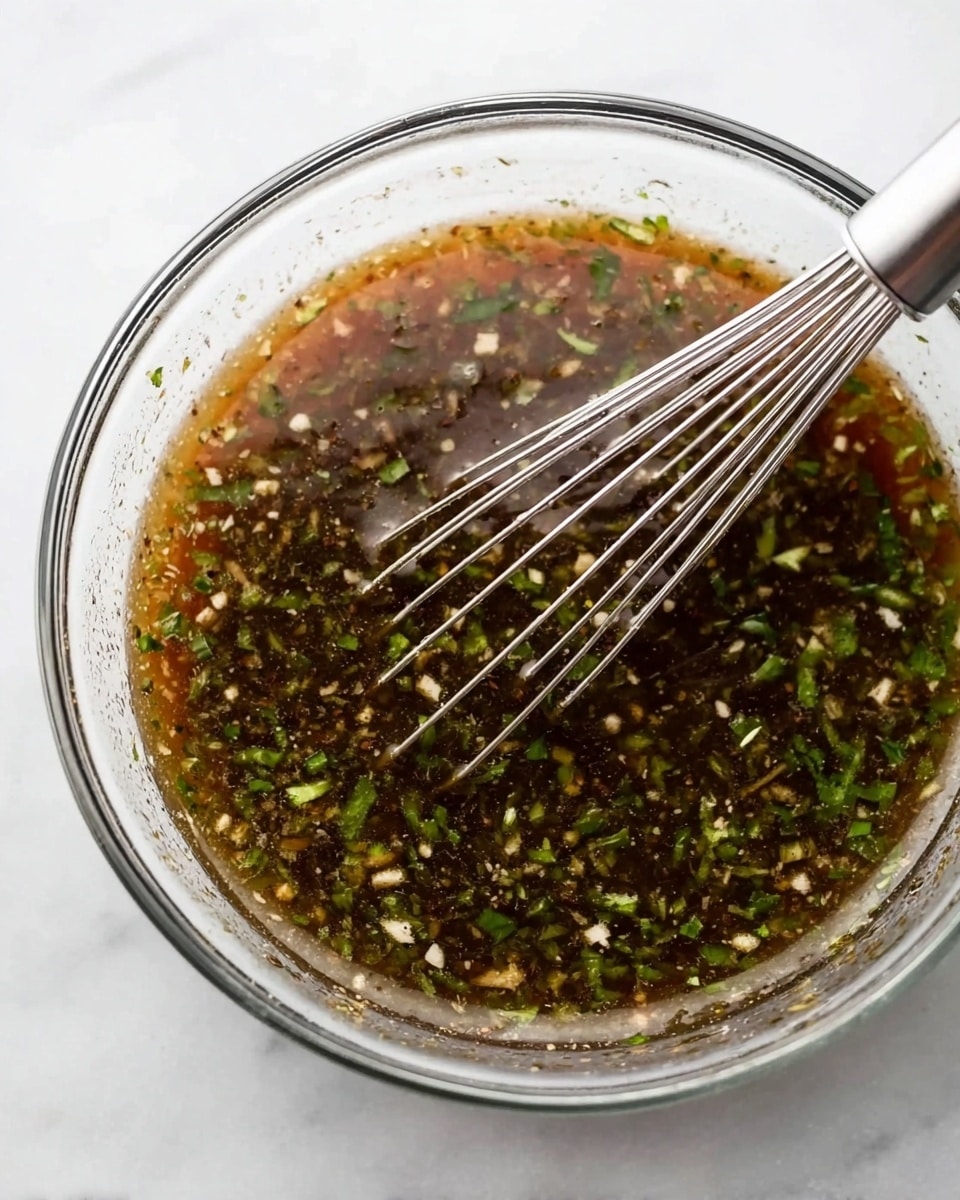 A clear glass bowl filled with a dark brown sauce mixed with small bits of green herbs and finely chopped light-colored ingredients, giving a speckled texture throughout. A metal whisk is partially submerged in the sauce, positioned on the left side of the bowl, showing the mixture being stirred. The bowl sits on a white marbled surface that adds a clean and bright background to the image. photo taken with an iphone --ar 4:5 --v 7