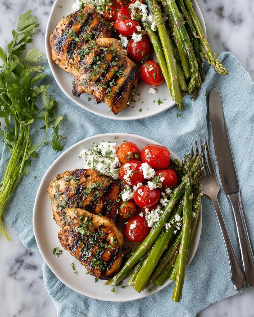 Two white round plates each have two grilled pieces of golden-brown chicken with dark grill marks, sprinkled lightly with chopped herbs on the left side. On the right side of each plate is a mix of bright green asparagus spears and shiny red cherry tomato halves, topped with small white crumbles of cheese. The plates sit on a pale blue cloth over a white marbled surface. A silver fork and a knife with a black handle are placed beside each plate. Some fresh green herbs lay beside the top plate. photo taken with an iphone --ar 4:5 --v 7