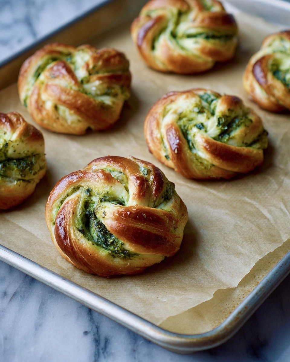 The image shows six baked round pastries with a twisted pattern, placed on a sheet of parchment paper on a metal baking tray. Each pastry has a golden-brown, shiny crust with visible layers of light flaky dough folded around a green filling made of chopped herbs or vegetables. The green filling is spread unevenly inside the twists, creating a contrast between the soft green and the crisp brown dough. The background beneath the tray is a white marbled texture. photo taken with an iphone --ar 4:5 --v 7