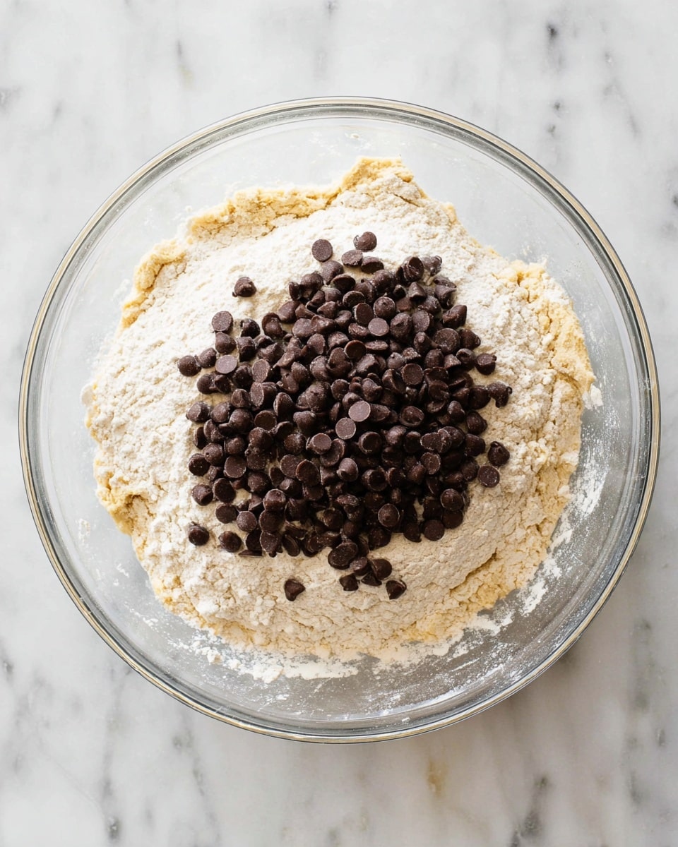 A clear glass bowl holds three visible layers of ingredients on a white marbled surface. The bottom layer is a light tan, soft dough. Above it is a thick layer of pale white flour spreading around the inside edges of the bowl. Sitting on top of the flour pile in the center is a mound of small, dark brown chocolate chips. The bowl is viewed directly from above, showing all layers clearly. photo taken with an iphone --ar 4:5 --v 7