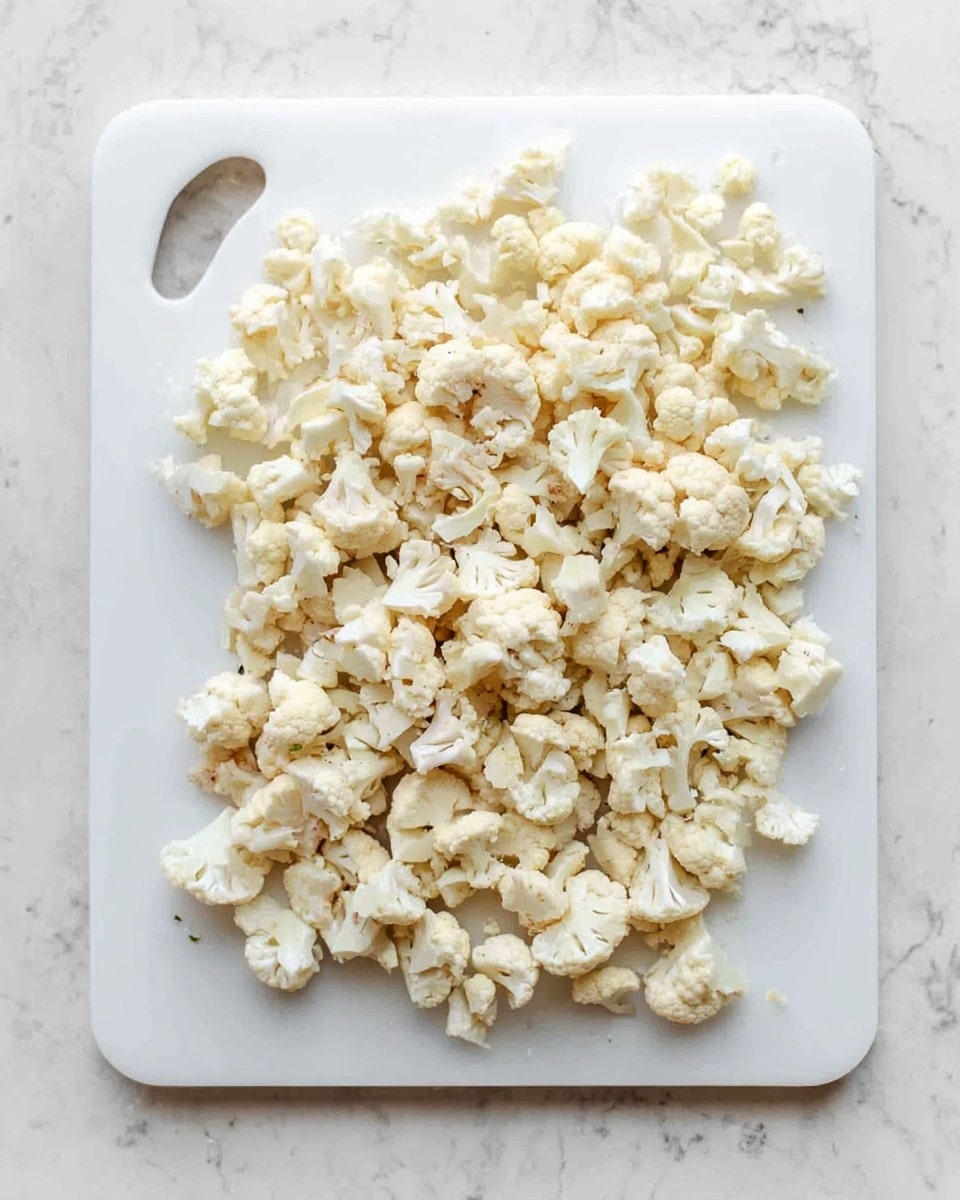 A white rectangular cutting board is placed on a white marbled surface, filled with many small pieces of cauliflower spread evenly across it. The cauliflower pieces are a mix of off-white and light cream colors with a natural bumpy texture. The cutting board has a handle hole on the left side, and the overall scene looks bright and clean. photo taken with an iphone --ar 4:5 --v 7