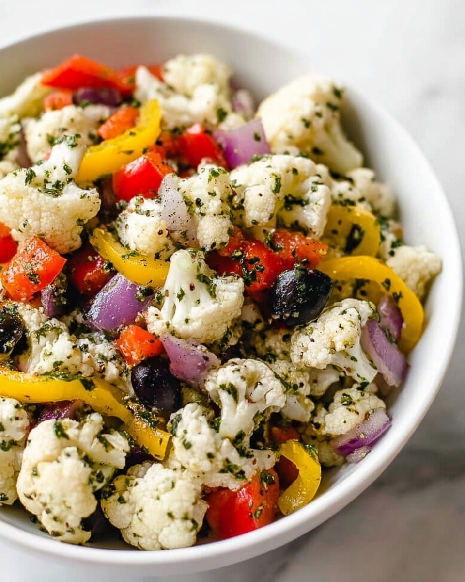 A close-up of a white bowl filled with a mixed vegetable salad featuring several layers: the base layer is white and light textured cauliflower florets sprinkled with green herbs, scattered with small chunks of red bell pepper and slices of black olives. Mixed throughout are thin strips of yellow bell pepper and small pieces of purple onion, all coated lightly in a green herb dressing. The bowl rests on a white marbled surface photo taken with an iphone --ar 4:5 --v 7