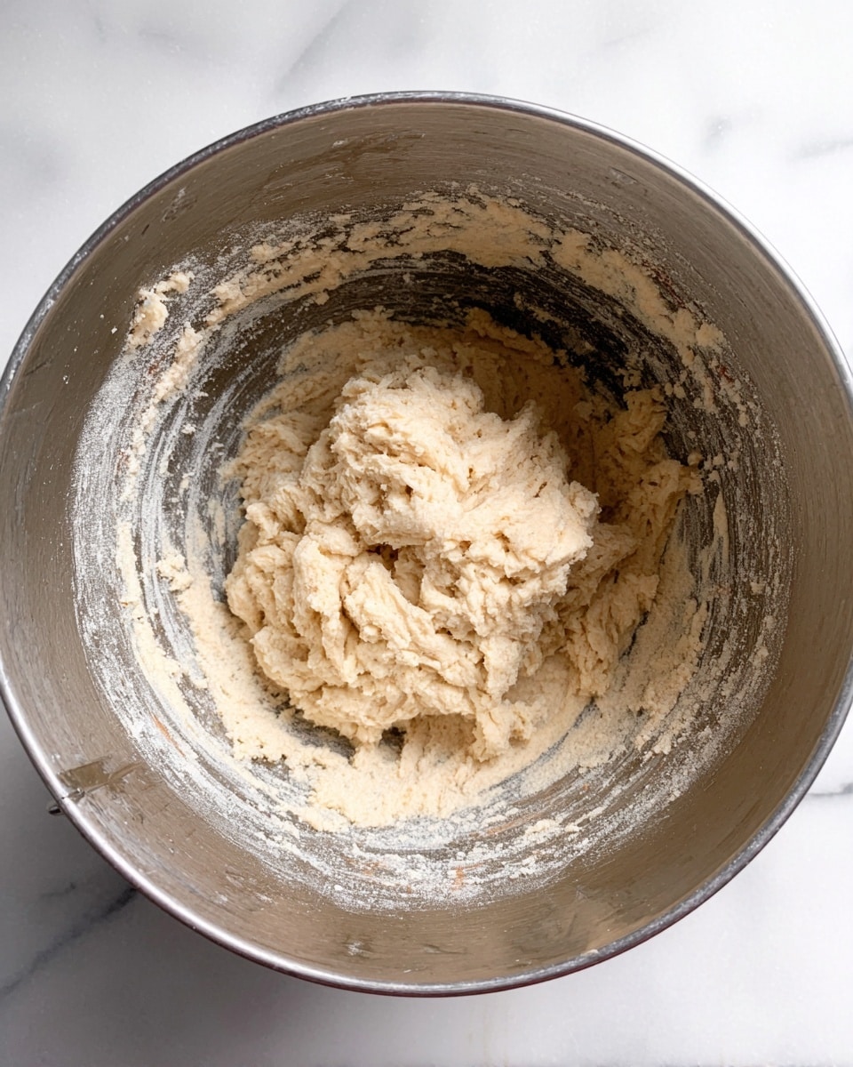 A metal mixing bowl seen from above holds a light beige dough clumped in the center, with some dough remnants spread unevenly along the inside walls of the bowl, showing rough texture and soft consistency. The bowl rests on a white marbled surface. photo taken with an iphone --ar 4:5 --v 7