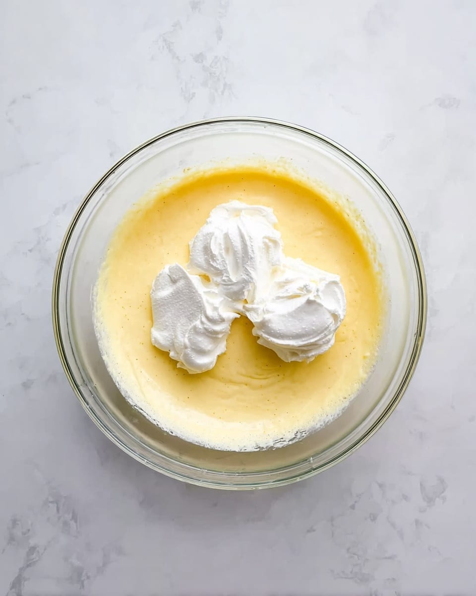 A clear glass bowl is placed on a white marbled surface, containing a smooth, pale yellow mixture filling most of the bowl. On top of this base, three dollops of thick white cream sit side by side, contrasting with the yellow below. The bowl's round rim is thin and clear, gently capturing the light. The overall look is clean and fresh, showing a simple, airy mixture ready for further preparation. photo taken with an iphone --ar 4:5 --v 7