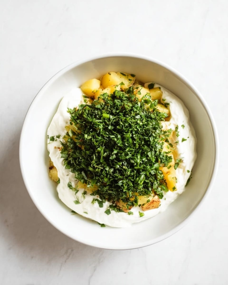 A white bowl on a white marbled surface holds a layered dish starting with a base of small yellow potato pieces mixed with some garlic cloves on the right side. Above this is a generous layer of thick white yogurt gently spread. The yogurt is topped with a dense layer of chopped fresh green herbs covering most of the surface. The colors contrast nicely with the white bowl and the clean white marbled background. Photo taken with an iphone --ar 4:5 --v 7