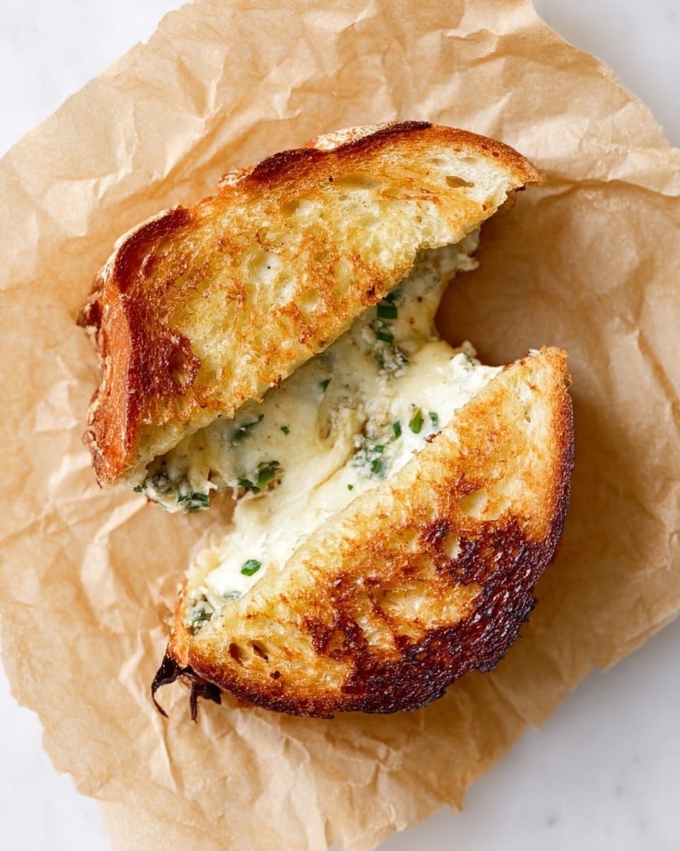 The image shows a grilled cheese sandwich cut in half and placed on crumpled light brown parchment paper over a white marbled surface. The sandwich has two slices of golden brown toasted bread with a slight crunch and some darker brown spots. Inside, there is one thick middle layer of melted cheese mixed with green herbs, creating a soft, gooey texture that stretches slightly between the two halves. The top right corner shows a small burnt cheese crust that adds texture contrast. Photo taken with an iphone --ar 4:5 --v 7