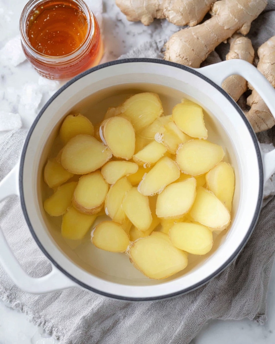 A white pot filled with several pieces of peeled and sliced ginger. The ginger pieces are light yellow and are immersed in clear water inside the pot. The pot rests on a light gray cloth over a white marbled surface. Around the pot, there is fresh ginger root on the top right and a jar of amber-colored honey on the top left, all set against the same white marbled background. photo taken with an iphone --ar 4:5 --v 7