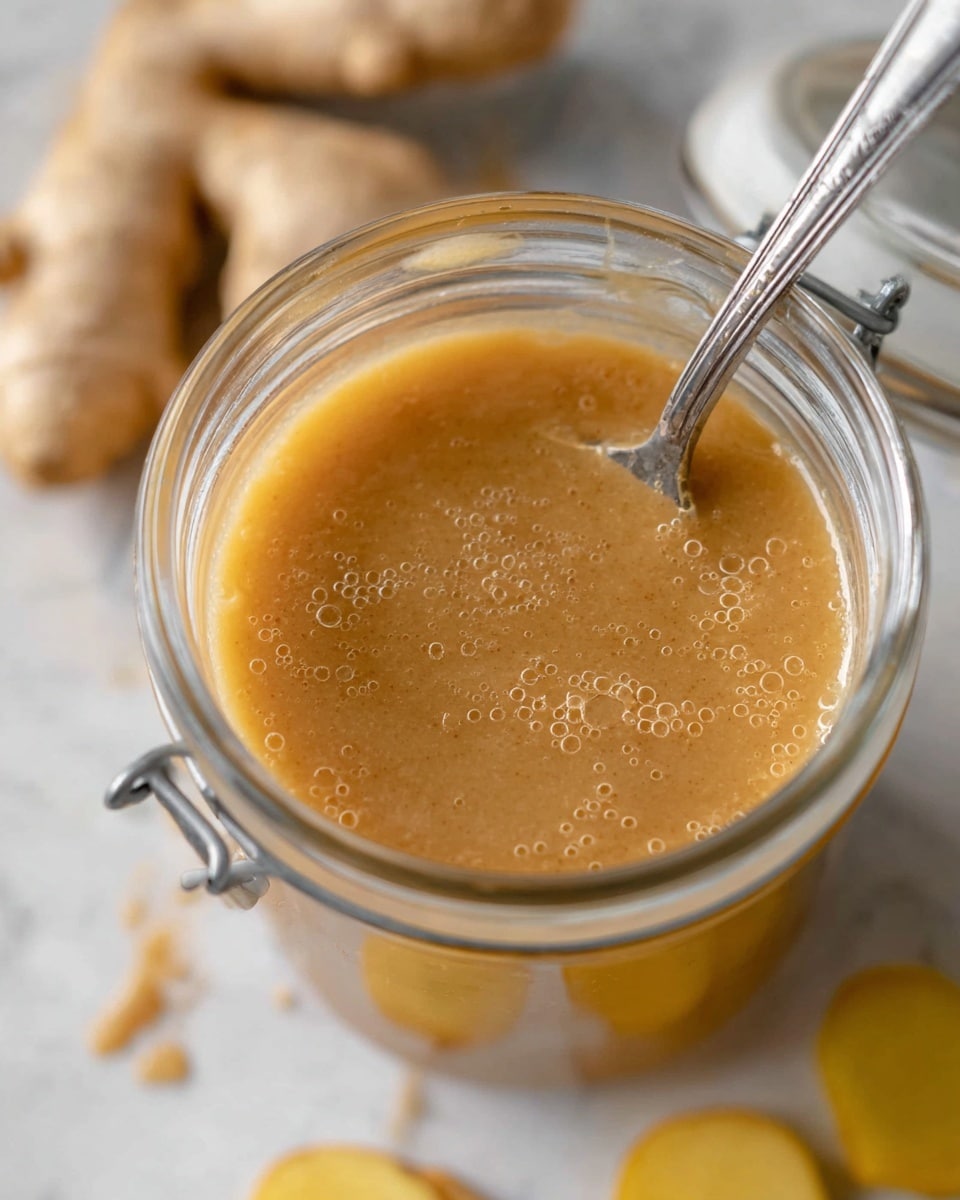 A close-up view of a glass jar filled with a smooth, light brown paste-like mixture that has a slightly shiny surface with small bubbles on top. A metal spoon is partially dipped into the jar, stirring the thick liquid. In the blurred background, there are pieces of beige ginger root and some round yellow slices, all set on a white marbled surface. The jar has a metal latch for sealing the lid. photo taken with an iphone --ar 4:5 --v 7