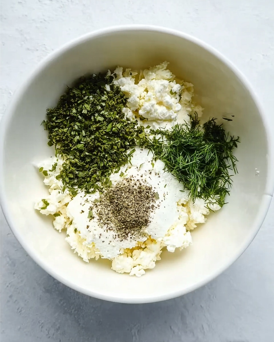 The image shows a white bowl on a white marbled surface. Inside the bowl, there are four main layers: one area has finely chopped green herbs on the top left, another area with finely chopped green dill on the top right, a large portion of soft white cheese in the middle and bottom left part, and a small pile of ground black pepper at the bottom center. The textures vary from crumbly cheese to soft herbs, all arranged clearly within the bowl. photo taken with an iphone --ar 4:5 --v 7