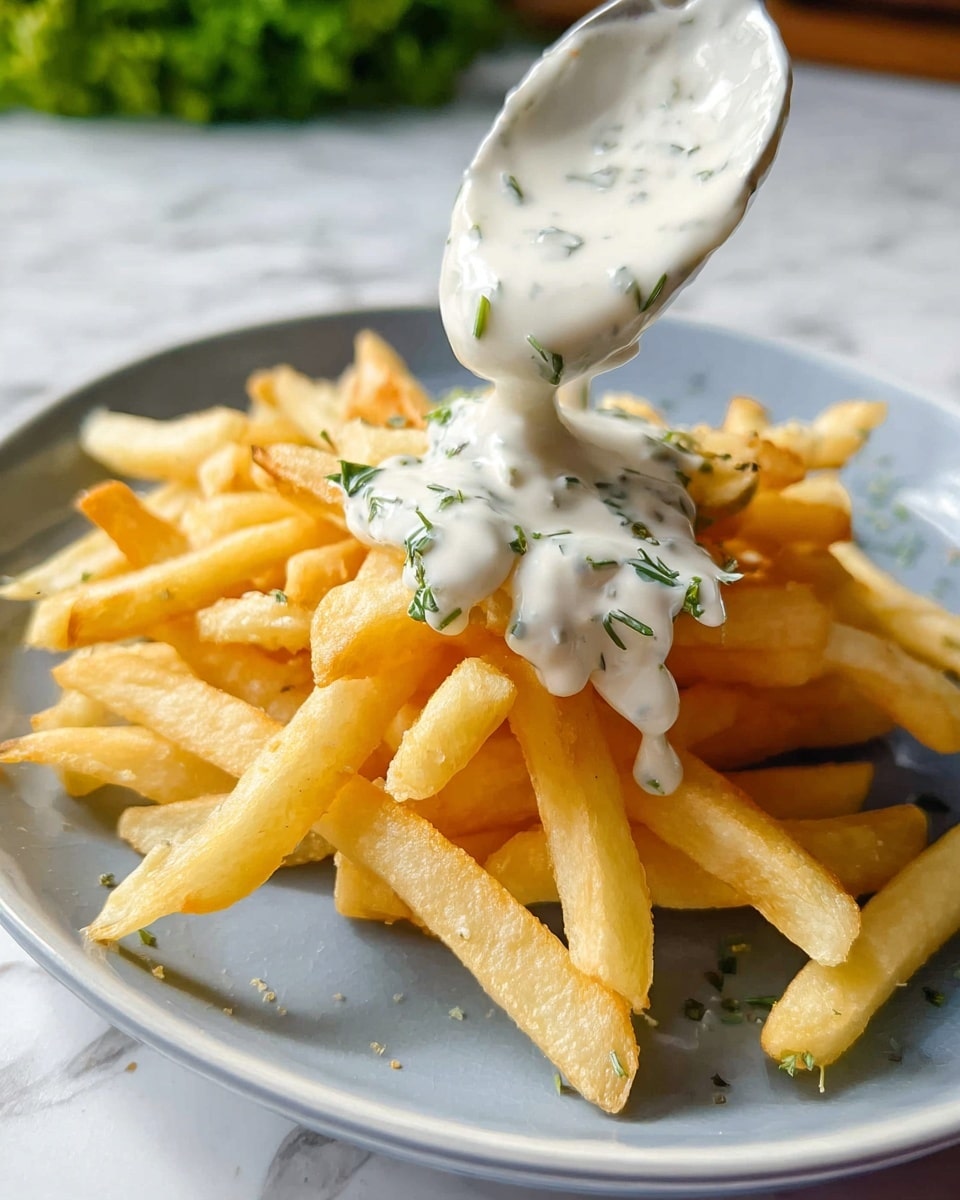 A white plate holds a pile of golden French fries stacked loosely, showing their crisp texture with slightly browned edges. Above them, a spoon covered in thick white sauce with small green herb flakes is pouring the sauce over the fries. The plate is placed on a white marbled surface. In the background, some green leaves are blurred. Photo taken with an iphone --ar 4:5 --v 7