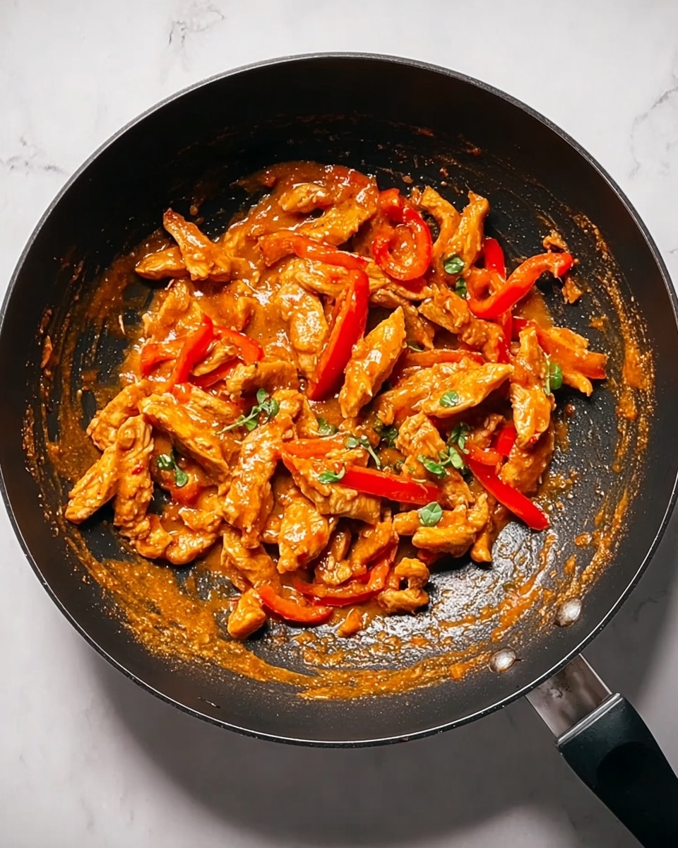 A black pan containing a small amount of food in the middle, with pieces of cooked orange chicken strips coated in a thick orange sauce. Bright red and slightly translucent strips of red bell pepper are mixed in with the chicken, along with small green herb leaves scattered throughout. The inside edges of the pan are smeared with sauce, showing a textured and glossy appearance. The pan handle is black and extends out to the right. The pan sits on a white marbled surface. Photo taken with an iphone --ar 4:5 --v 7