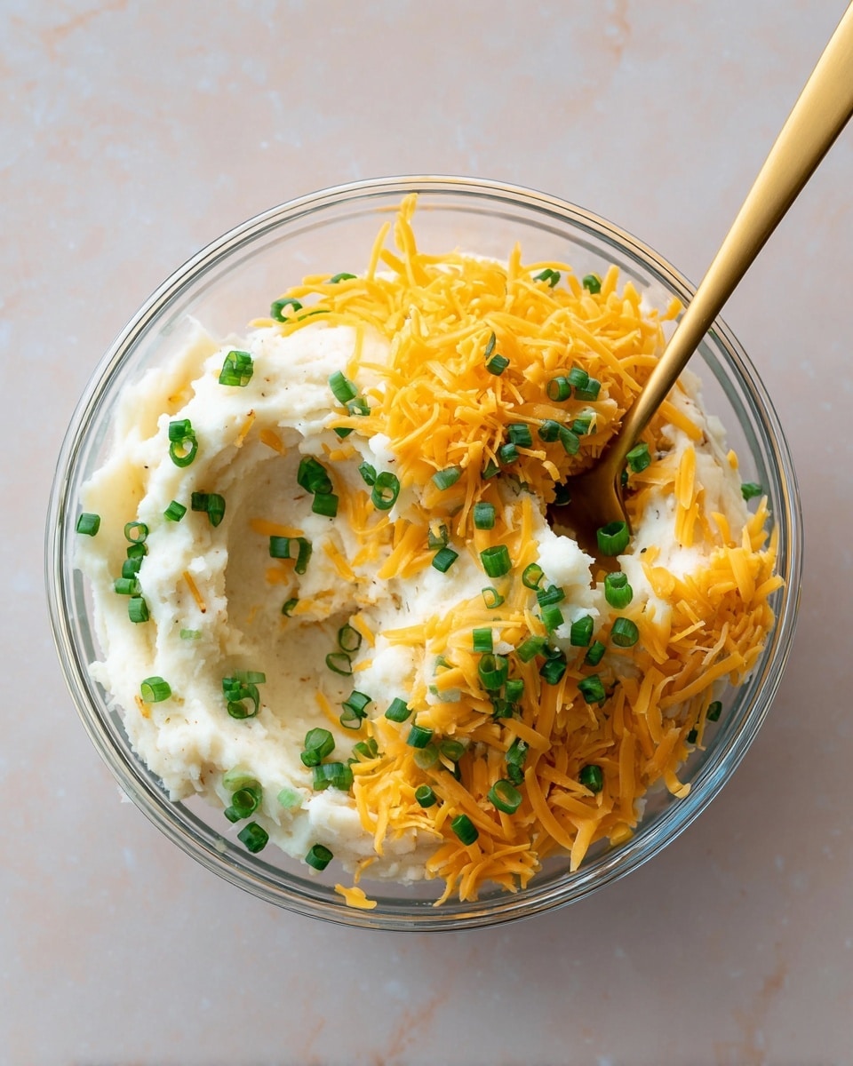 A clear glass bowl holds three main layers: the bottom layer is creamy white mashed potatoes with a soft, fluffy texture; on top of that, there is a thick layer of bright orange shredded cheddar cheese spread across the middle; sprinkled throughout and on top, there are small, fresh green chopped scallions adding a pop of color. A gold spoon rests inside the bowl, partially scooping some mashed potatoes. The bowl sits on a white marbled surface. photo taken with an iphone --ar 4:5 --v 7