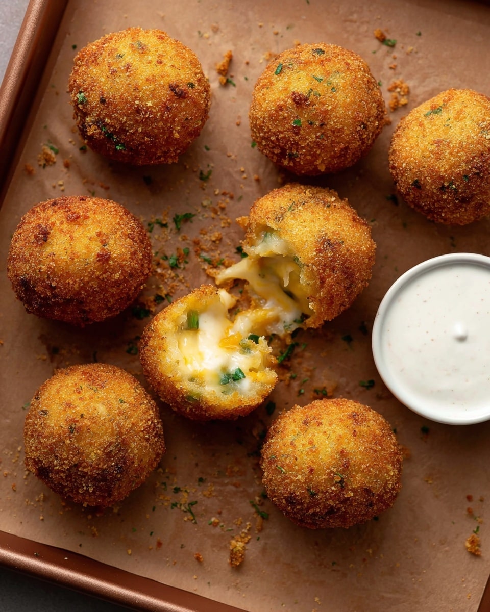 The image shows a group of seven round, golden brown crispy balls arranged on a brown baking tray with some crumbs scattered around. One ball is open, showing soft, creamy, cheesy filling mixed with small bits of green herbs inside. On the right side of the tray, there is a small white bowl filled with a smooth white dipping sauce. The overall feeling is warm and inviting, with a simple and neat presentation. Photo taken with an iphone --ar 4:5 --v 7