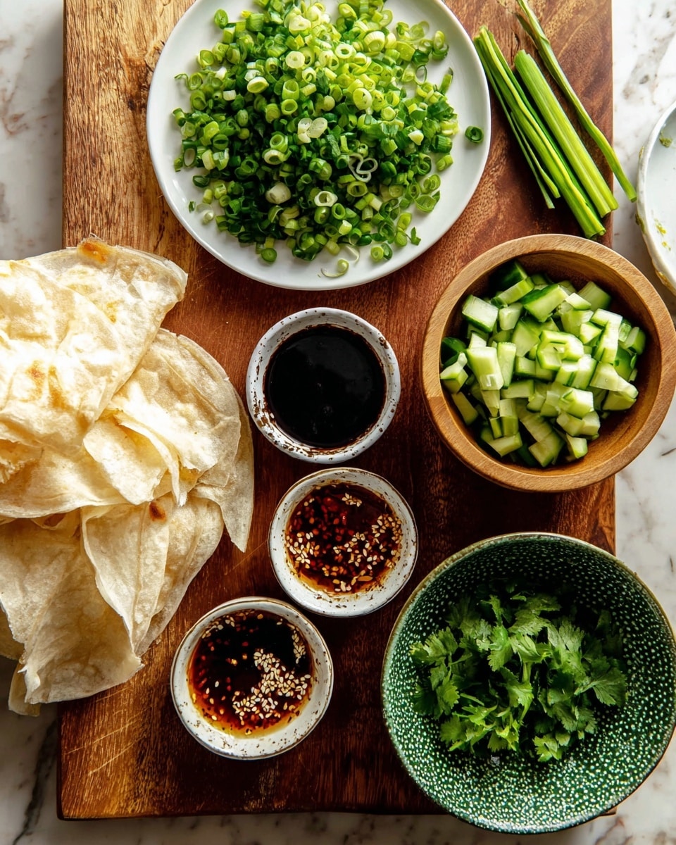 The image shows a wooden board with various small white dishes and loose ingredients arranged on it. At the top center is a white plate filled with finely sliced green onions, bright and fresh. Next to it on the right are chopped cucumber pieces, light and dark green, with a wooden bowl holding long green chive pieces nearby. Below the plate of onions are three small bowls: one with a dark soy sauce, one with a reddish chili oil with flakes, and one with a golden liquid topped with white sesame seeds. On the left side of the board, folded flatbreads are stacked, pale golden in color with some shiny spots. At the bottom right corner, a green textured bowl contains roughly chopped cilantro leaves. The background is a white marbled surface. photo taken with an iphone --ar 4:5 --v 7
