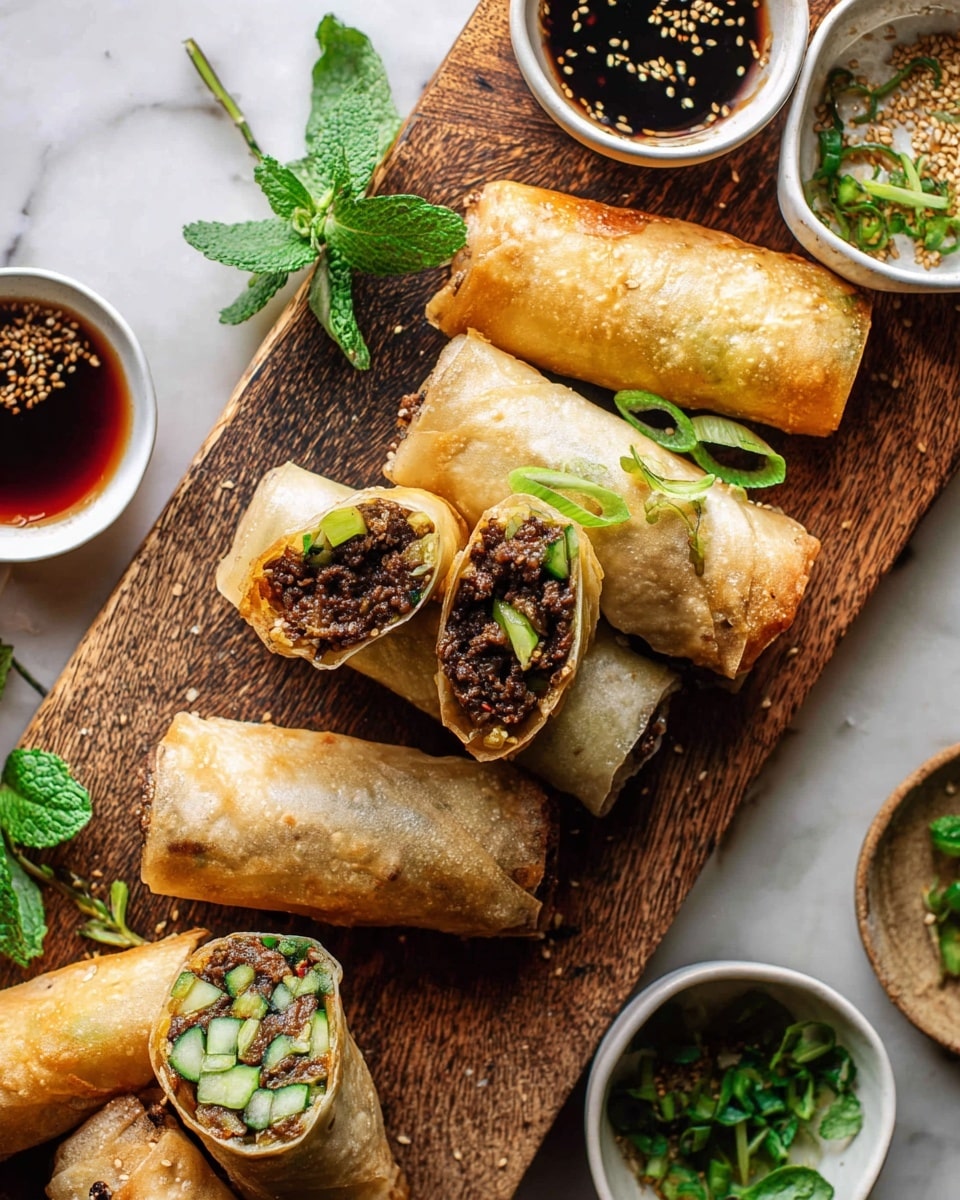 The image shows several spring rolls placed on a wooden board over a white marbled surface. The spring rolls are light golden brown with a slightly crisp texture and are stuffed with a dark brown meat filling, green cucumber slices, and fresh green herbs, visible in the sliced rolls at the front. Two spring rolls are whole and layered on top of each other in the center, garnished with thin slices of green scallion. Around the spring rolls, there are small white bowls containing dipping sauces with sesame seeds floating on the surface and one with a dark soy-like sauce. Fresh green herb sprigs are also scattered near the sauces, adding contrast. photo taken with an iphone --ar 4:5 --v 7