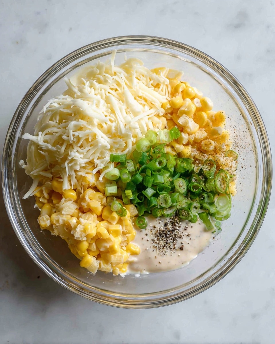 A clear glass bowl shows layers of ingredients on a white marbled surface. On the top left layer, there is shredded white cheese with a soft texture. To the right, a bright yellow corn cut into small pieces forms another layer. In the center, green sliced spring onions add a fresh touch. Below the onions, a pale creamy sauce with a smooth texture fills a small section. Some black pepper and salt are lightly sprinkled near the onions and corn. The photo is taken with an iphone --ar 4:5 --v 7