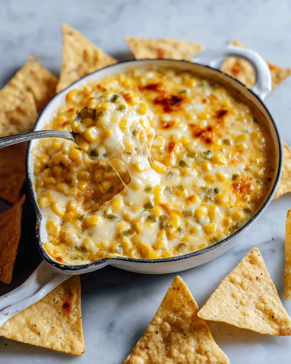 A white small skillet filled with a creamy corn dish, showing a golden yellow color with some browned spots on top, indicating it is baked. The corn kernels are mixed with melted white cheese, creating a gooey texture, and some green bits are scattered throughout. A metal spoon is dipped into the skillet, pulling out some of the cheesy corn mixture, which stretches slightly. Around the skillet are several white triangular tortilla chips, some topped with the same cheesy corn mixture. The background is a white marbled surface. photo taken with an iphone --ar 4:5 --v 7