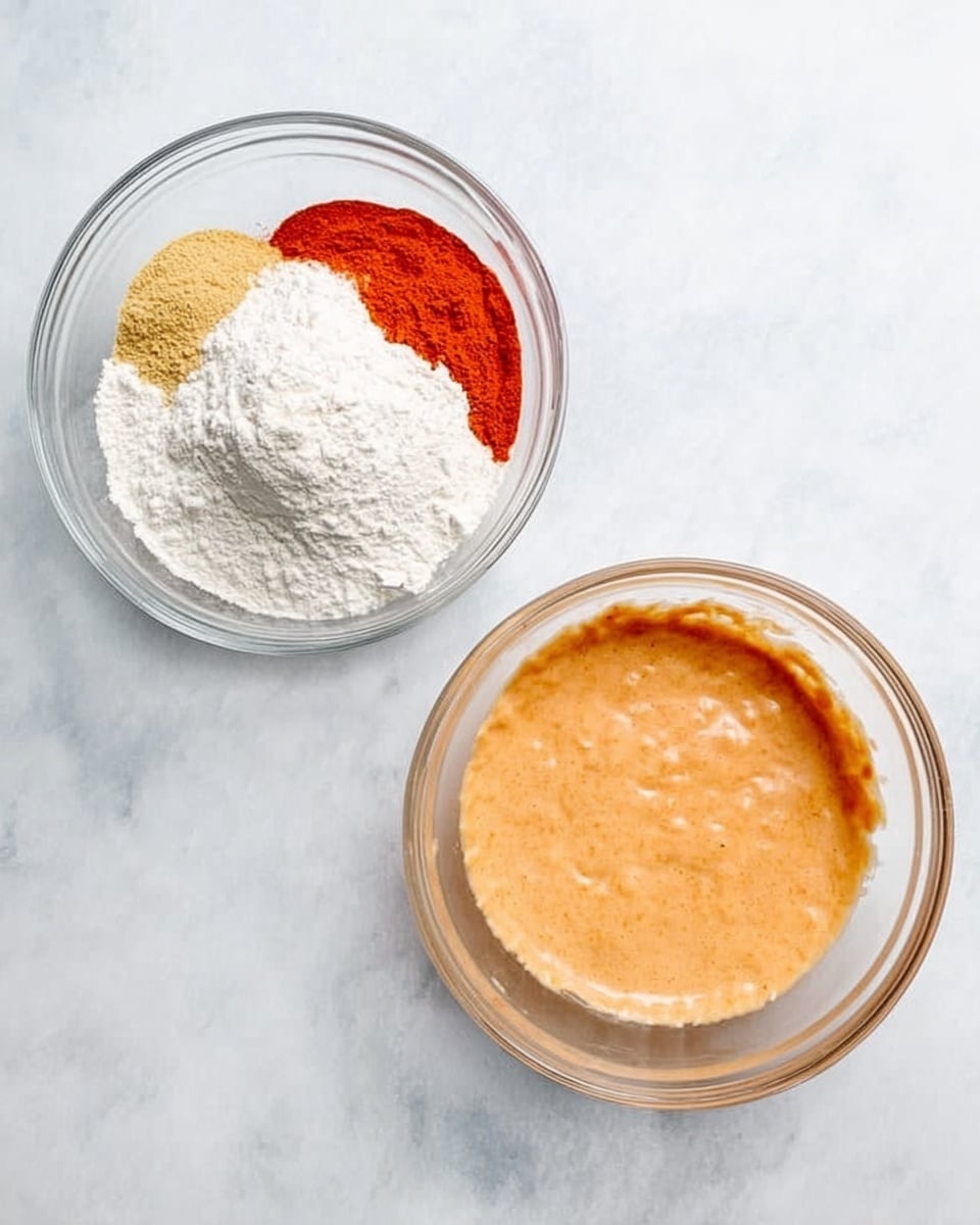 The image shows two clear glass bowls placed on a white marbled surface side by side. The left bowl contains three powder layers: a large white flour mound in the center, a smaller yellowish powder to the top left, and a bright red powder to the top right. The right bowl shows a smooth, light orange mixture filling the bowl about halfway, with some mixture clinging to the sides. Both bowls are simple and transparent, highlighting the colors and textures of the ingredients inside. photo taken with an iphone --ar 4:5 --v 7