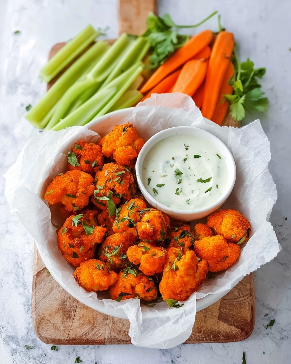 A white bowl lined with white parchment paper holds bright orange battered cauliflower pieces sprinkled with green herbs, arranged around a small white cup filled with creamy white ranch dressing topped lightly with herbs. Behind the bowl, on a wooden board, there are fresh celery sticks on the left and thick carrot slices on the right, along with some sprigs of celery leaves. A white marbled surface underneath complements the fresh and vibrant colors of the vegetables and cauliflower. photo taken with an iphone --ar 4:5 --v 7