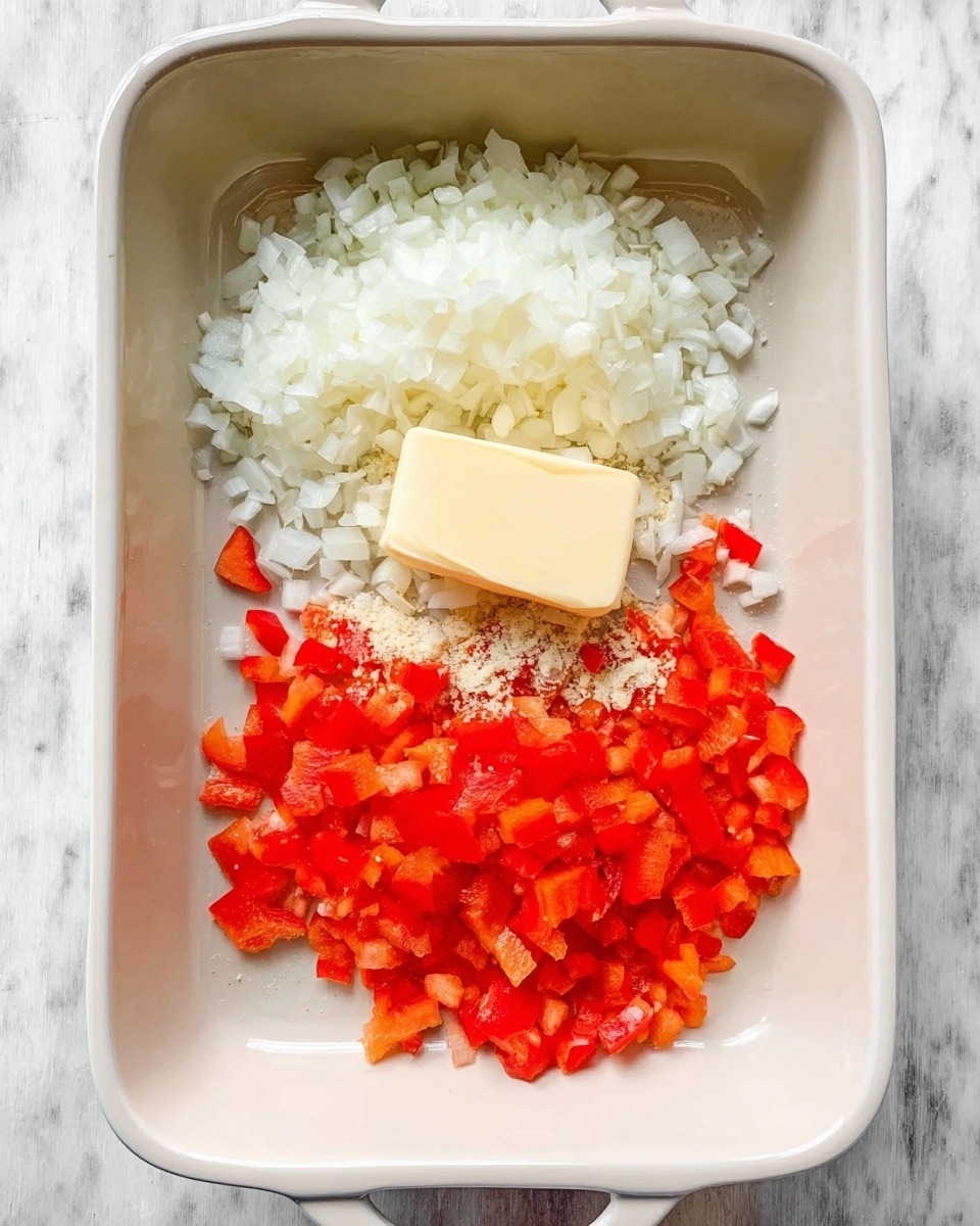 Inside a white rectangular baking dish placed on a white marbled surface, there are three main layers of ingredients. At the top center is a pile of finely chopped white onions with a soft texture. Below it, in the middle, lies a small cube of pale yellow butter sitting directly on the dish. Surrounding and under the butter is a mix of bright red diced bell peppers and a small amount of finely minced garlic, both spread loosely but mostly grouped together near the dish's center bottom area. The overall arrangement is neat with clear color contrasts between the white onions, red peppers, and light butter. Photo taken with an iphone --ar 4:5 --v 7