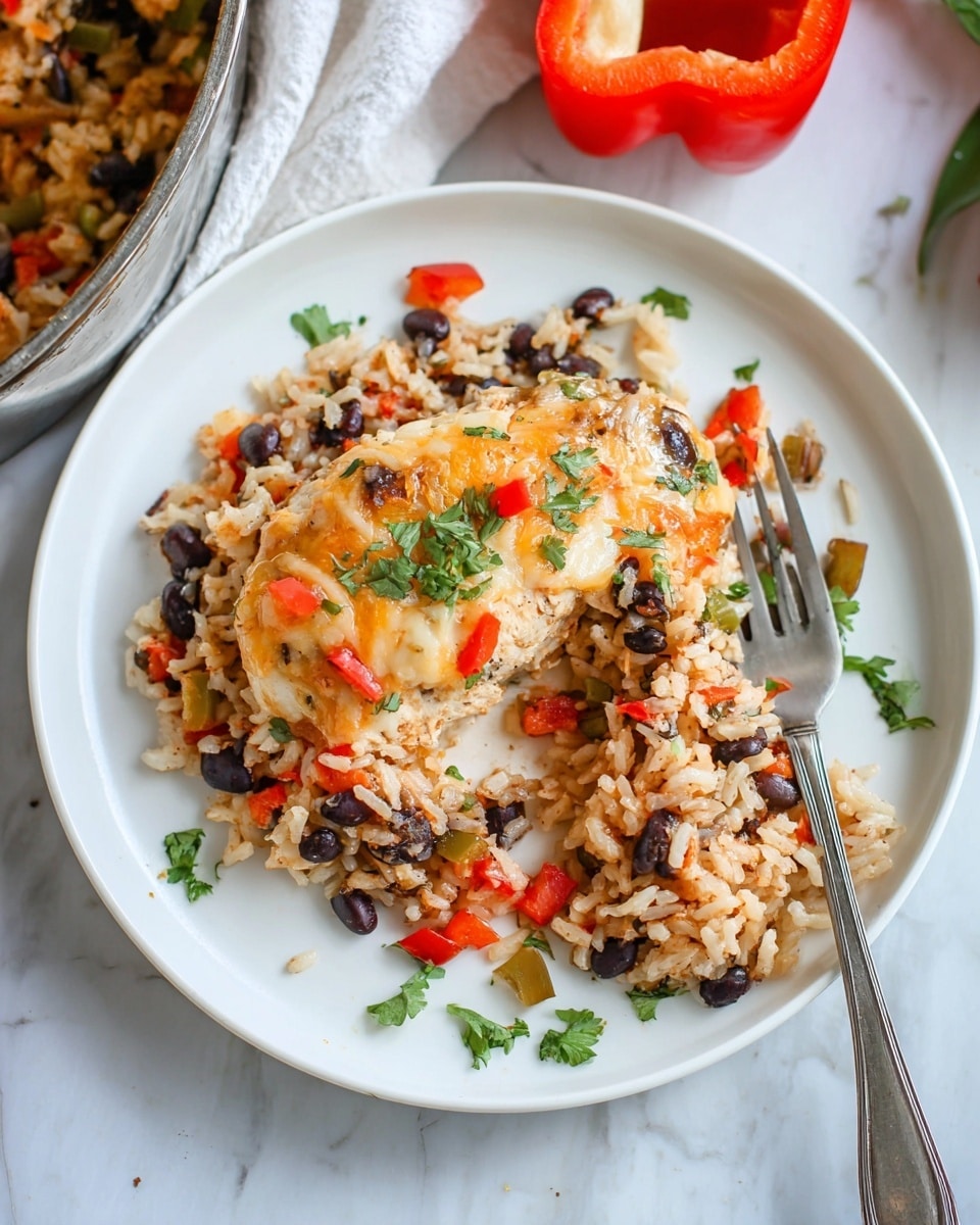 A white plate holds a serving of cooked rice mixed with black beans and small pieces of red bell pepper, creating a colorful and textured base layer. On top rests a piece of cooked chicken covered with melted cheese that has lightly browned edges, dotted with small bits of red and green peppers. Fresh green parsley is sprinkled over the dish, adding a vibrant touch. A fork sits on the right side of the plate, with a bite-sized portion of the rice and chicken on it. The plate is set on a white marbled surface, with a halved red bell pepper in the background and a partial view of a silver pan on the left. Photo taken with an iphone --ar 4:5 --v 7