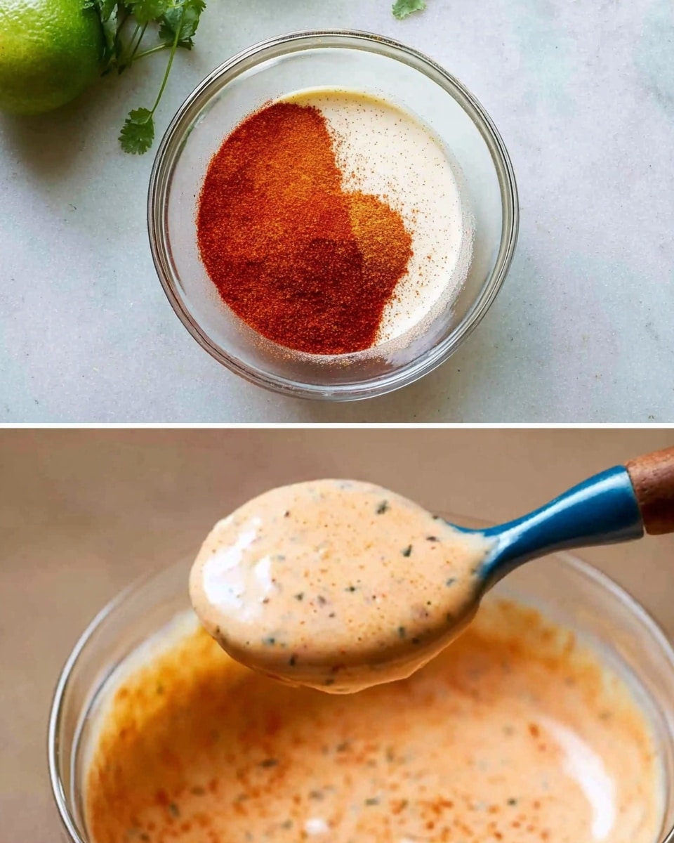 A clear glass bowl filled with three layers of sauce ingredients: the bottom layer is a light cream color sauce, in the middle is a slightly thicker white sauce, and on top is a bright red spice powder, all sitting on a white marbled surface, with a green lime half and some green herbs partially visible nearby. The second image shows a close-up of a spoon held by a blue and brown handle lifting a thick creamy sauce that is pale orange with red and black specks, showing a smooth texture photo taken with an iphone --ar 4:5 --v 7