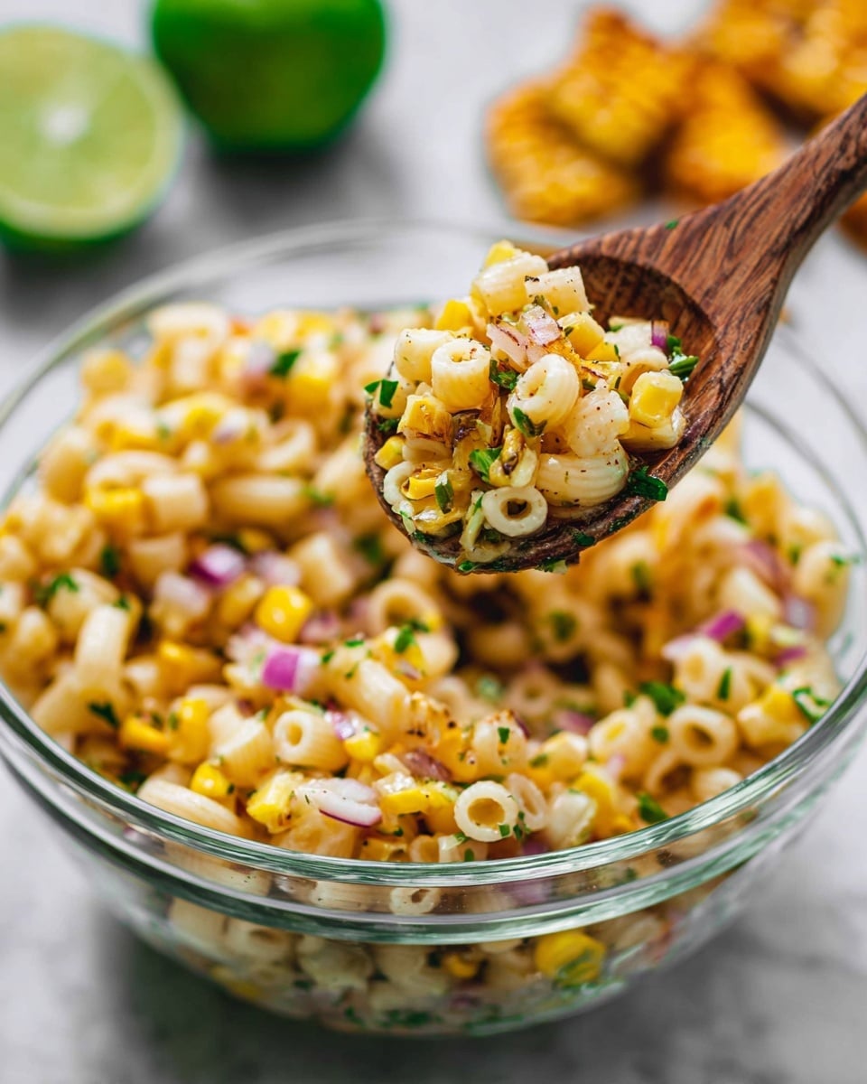 A clear glass bowl filled with a mixture of small, pale yellow tubular pasta, bright yellow corn kernels, small pieces of red onion, and chopped green herbs. A wooden spoon holds a scoop of this colorful mix above the bowl. In the blurred background, there are two halved limes with bright green interiors and some golden yellow roasted corn pieces on a white background with a white marbled texture. The image is bright and sharp, showing the different textures and fresh ingredients. photo taken with an iphone --ar 4:5 --v 7