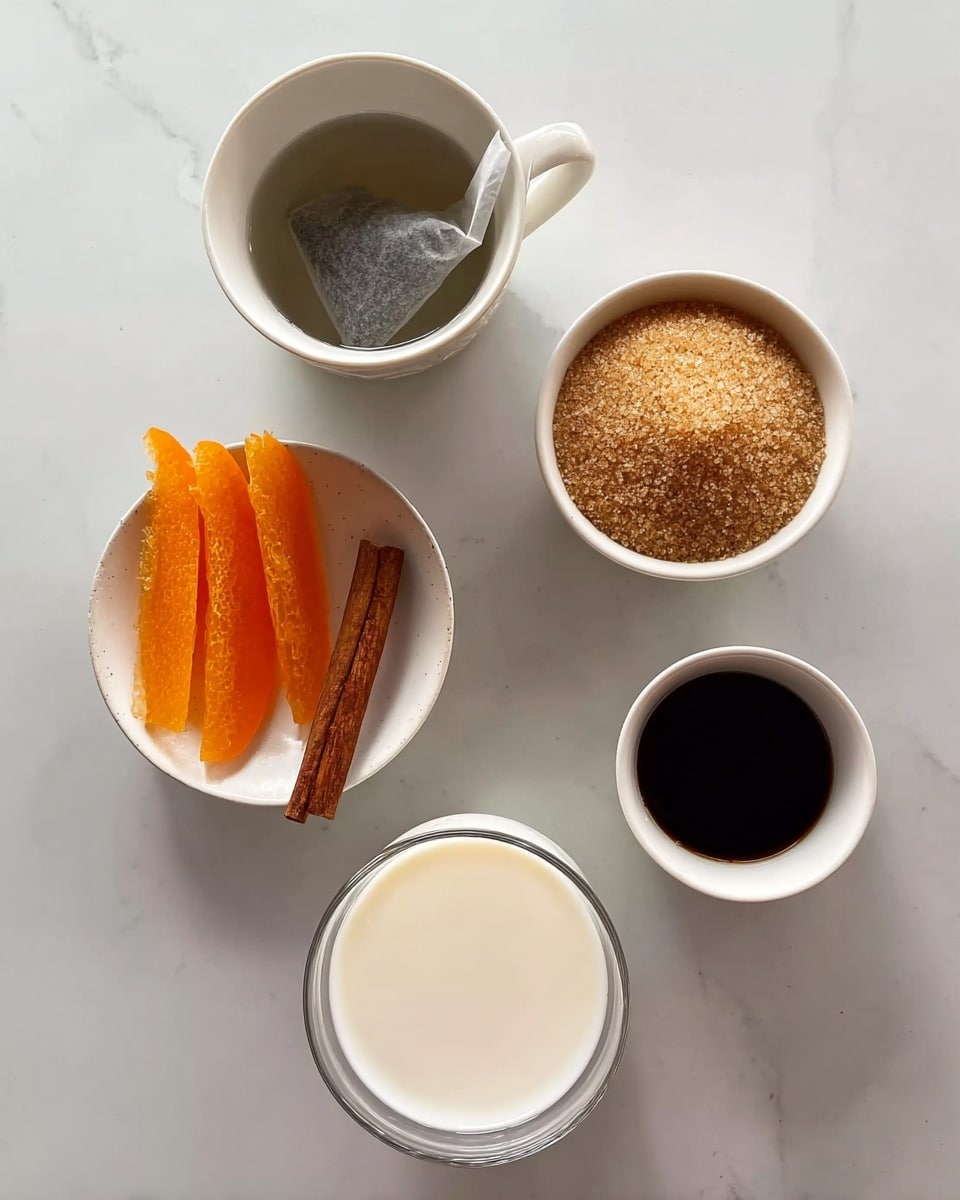 The image shows five small containers arranged on a white marbled surface. At the top left is a white cup with a tea bag inside filled with water. Next to it on the right is another white cup filled with light brown sugar crystals. Below on the left is a white bowl holding long orange peels and a single cinnamon stick lying next to them. To the right of the bowl is a small white cup filled with dark brown liquid. In front of all these containers is a clear glass filled with white milk. Photo taken with an iphone --ar 4:5 --v 7