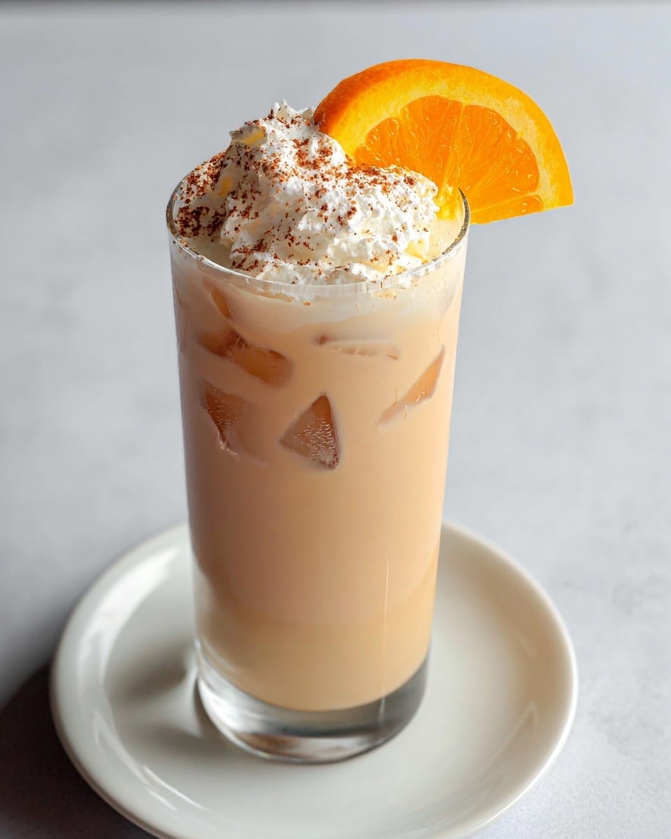 The image shows a tall clear glass filled with a light tan creamy drink and ice cubes inside. On the top, there is a thick white layer of whipped cream, sprinkled with fine brown powder. A bright orange slice is placed on the rim of the glass as a decoration. The glass sits on a plain white round plate against a white marbled surface background. photo taken with an iphone --ar 4:5 --v 7