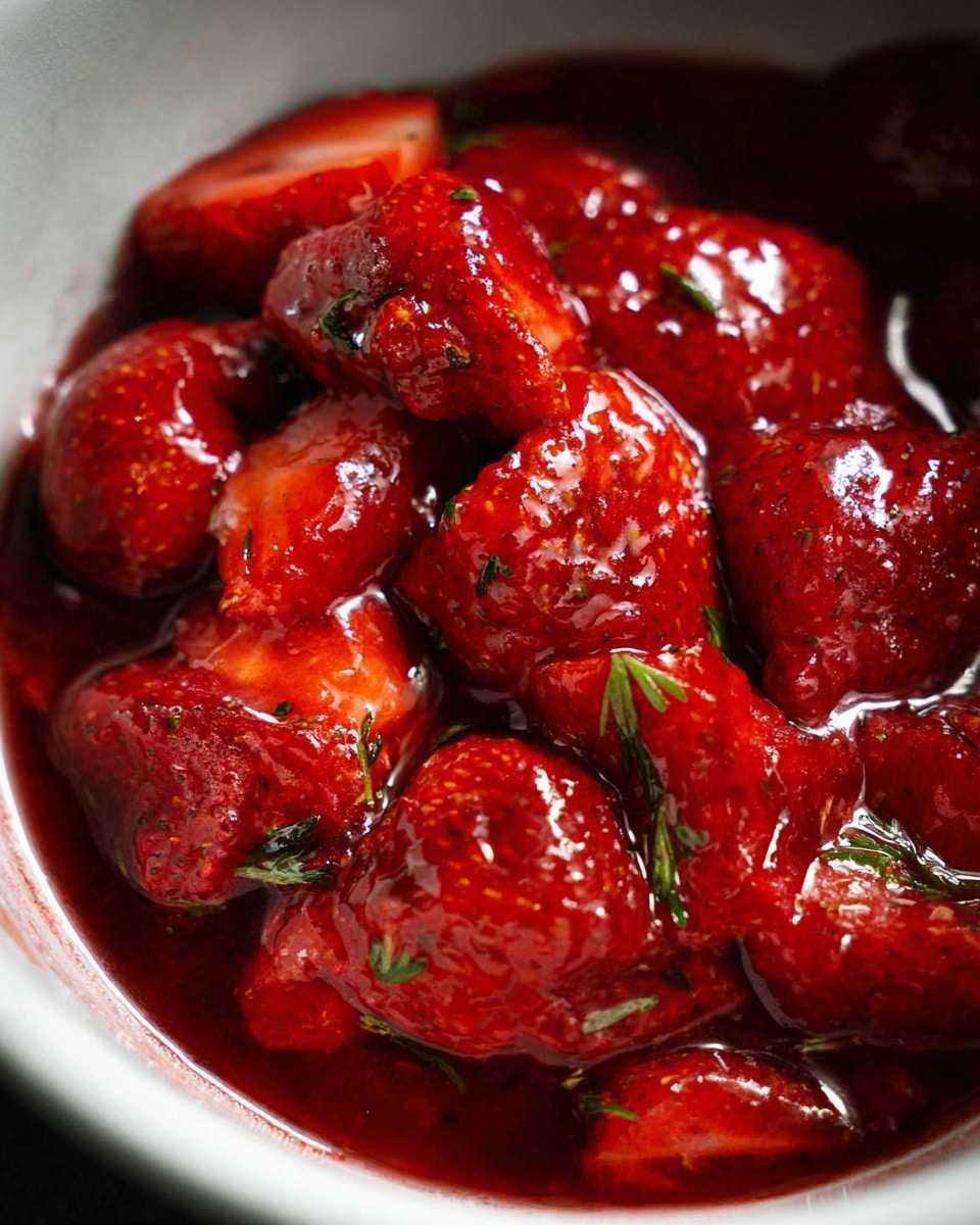 A close-up shot of bright red strawberries soaked in a thick, shiny red syrup with small green leaves mixed in, filled in a white bowl. The strawberries have a soft, slightly crushed texture with the syrup covering them, creating a glossy surface. The bowl sits on a dark surface, but the focus is mainly on the rich colors and textures of the strawberries and syrup. Photo taken with an iphone --ar 4:5 --v 7