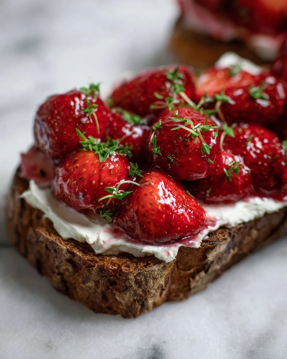 The image shows a close-up of a thick slice of rustic brown bread as the bottom layer, topped with a creamy white spread that looks smooth and soft. On top of this is a generous layer of bright red strawberries that look juicy and fresh, some with a shiny glaze that shines under the light. Small sprigs of green herbs are scattered over the strawberries, adding a touch of color contrast. The whole dish is placed on a white marbled surface, highlighting the vibrant colors of the food. photo taken with an iphone --ar 4:5 --v 7