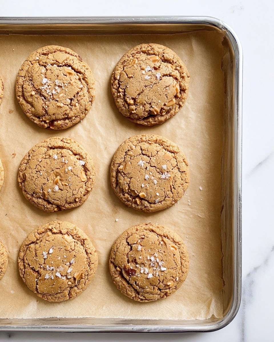 The image shows six round cookies on a baking sheet lined with light brown parchment paper, arranged in two rows of three. Each cookie is light brown with a slightly cracked and textured surface, speckled with small bits of nuts or chocolate and a few flakes of sea salt scattered on top. The baking sheet has a silver-metal rim and rests on a white marbled surface. The cookies appear soft in the middle with edges that are lightly crisp. photo taken with an iphone --ar 4:5 --v 7