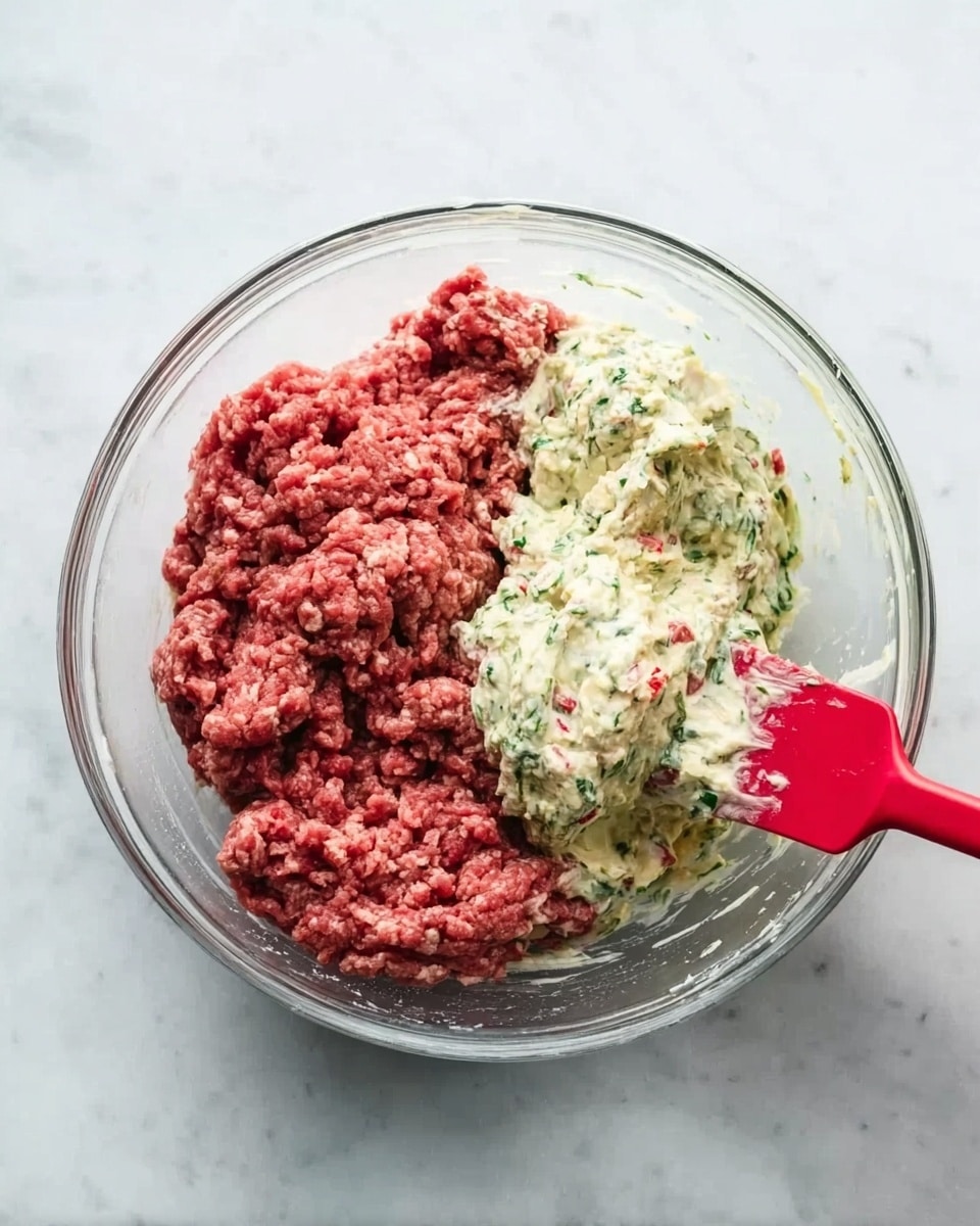 A clear glass bowl sits on a white marbled surface, filled halfway with raw ground meat on the left side, showing a rich reddish color with a slightly crumbly texture. The right side of the bowl holds a creamy mixture dotted with small green and red bits, giving it a speckled look. A woman's hand holds a red spatula resting inside the bowl on the right side, partly covered in the creamy mixture. The layers are simple: raw meat on one half, creamy herb mixture on the other, both clearly separated. Photo taken with an iphone --ar 4:5 --v 7