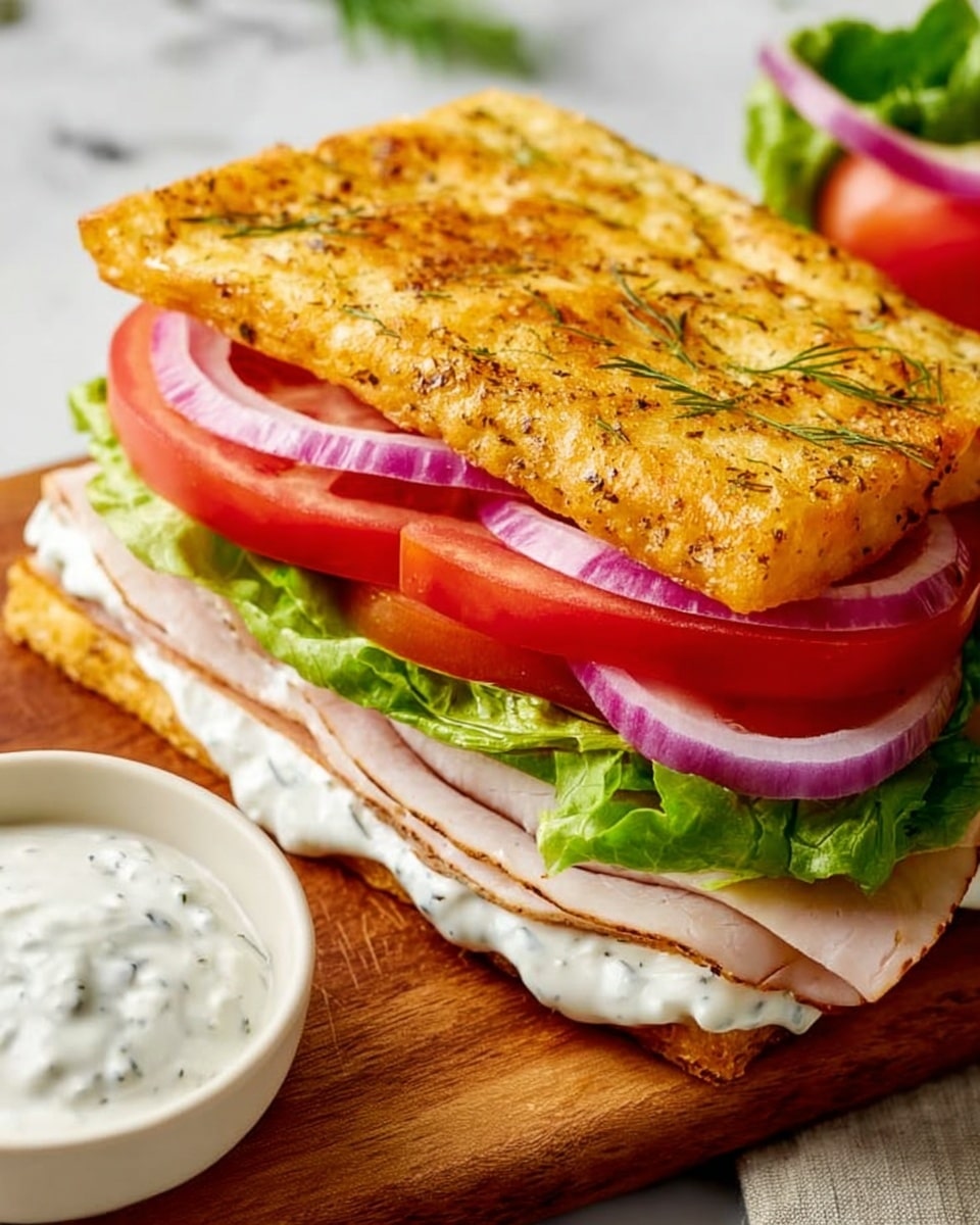 The image shows a sandwich made with two flat, golden-brown, seasoned pieces of bread as the top and bottom layers. Between the bread layers, there is a creamy white sauce spread on the bottom bread. On top of the sauce, there are slices of white cooked meat, followed by bright red tomato slices. Above the tomato are thinly sliced rings of purple onion, and green leafy lettuce is placed next, just under the top bread. The sandwich sits on a wooden board with a white marbled background, and a white bowl with more creamy sauce is partly visible nearby. photo taken with an iphone --ar 4:5 --v 7