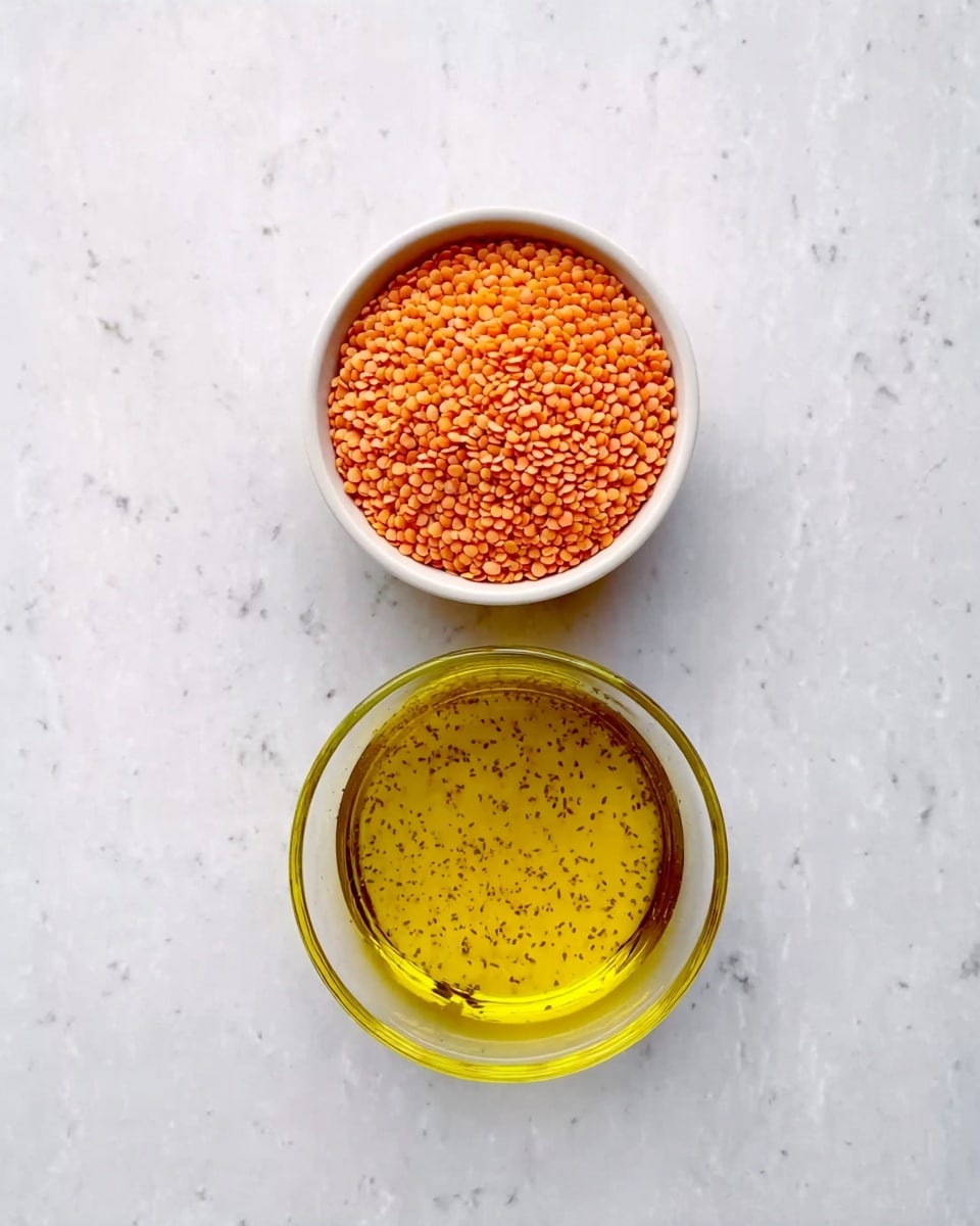 A small white bowl filled with orange lentils is placed above a glass bowl filled with yellow cooking oil. Both bowls sit on a white marbled surface. The lentils are smooth and round, densely packed in the bowl. The oil in the glass bowl has a shiny, smooth texture with some small herbs or spices floating inside, giving it a slight speckled look. photo taken with an iphone --ar 4:5 --v 7