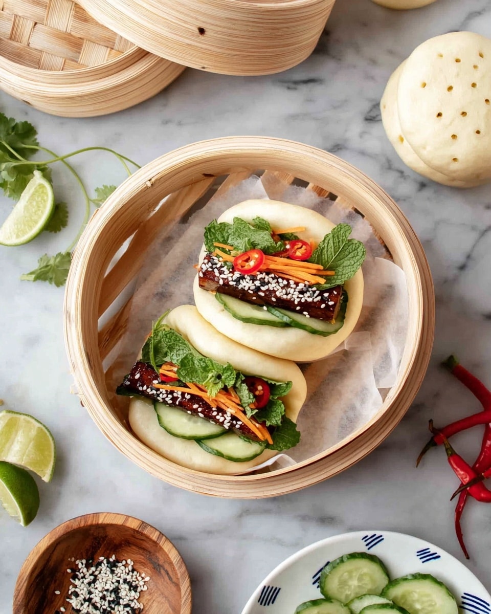 A round, pale yellow steamed bun is open and placed inside a light wooden steamer basket. Inside the bun are four layers: the bottom layer is dark green fresh mint leaves, followed by thinly sliced light green cucumbers, then a dark brown glazed strip of tofu topped with white and black sesame seeds, and thin bright orange carrot sticks with small red chili slices on top. Next to the filled bun are two closed buns stacked on white parchment paper. The basket sits on a white marbled surface, surrounded by lime wedges, cilantro sprigs, red chili peppers, a small wooden dish with black and white sesame seeds, and a white plate with dark blue spots holding sliced cucumber pieces. photo taken with an iphone --ar 4:5 --v 7