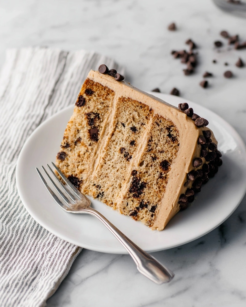 A slice of two-layer chocolate chip cake is on a white round plate. The cake layers are light brown with many small dark chocolate chips inside. Between the layers is a thick middle layer of smooth light brown frosting that also covers the top and sides of the cake. On the top edge, there is a small pile of tiny dark chocolate chips. A silver fork is placed beside the cake on the plate. The plate sits on a white marble surface with a striped cloth napkin nearby. Some chocolate chips are scattered on the marble near the plate photo taken with an iphone --ar 4:5 --v 7