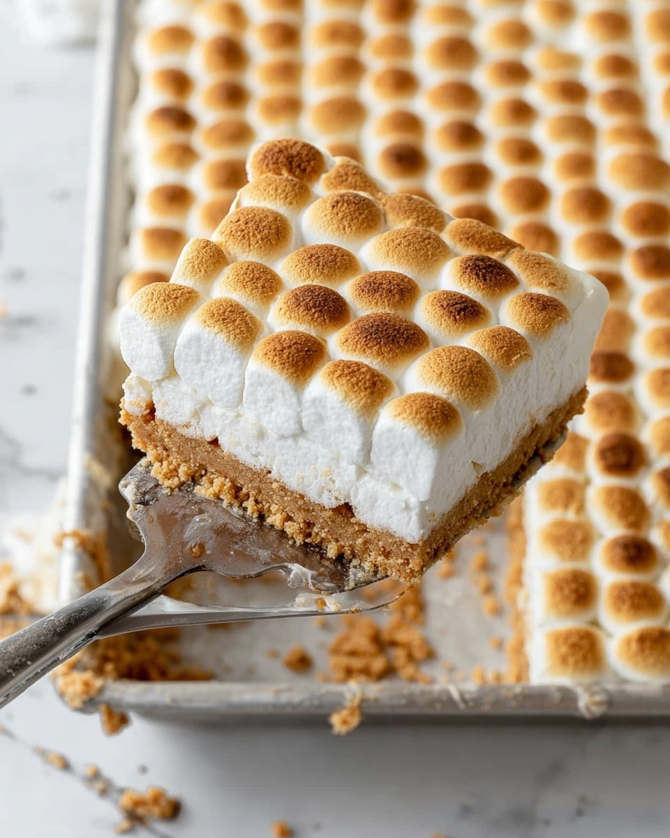 A close-up of a square piece of dessert being lifted by a metal spatula from a large rectangular baking pan. The dessert has three layers: the bottom layer is light brown and crumbly like a cookie crust, the middle layer is white and creamy, and the top layer is made of small toasted marshmallows that are golden brown and slightly puffed, covering the entire top evenly. The baking pan sits on a white marbled surface with some crumbs scattered around. Photo taken with an iphone --ar 4:5 --v 7