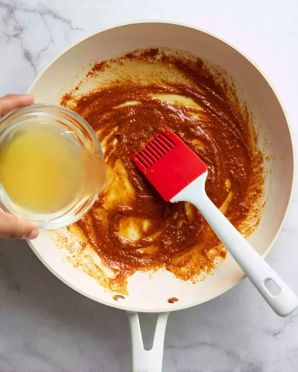 A white pan with some thick, reddish-brown sauce inside, spread unevenly with some shiny oil around the edges. A red spatula with a white handle is stirring or scraping the sauce in the middle of the pan. On the left side, a woman's hand is pouring a light yellow liquid from a small clear glass bowl into the pan. The background surface is a white marbled texture. photo taken with an iphone --ar 4:5 --v 7